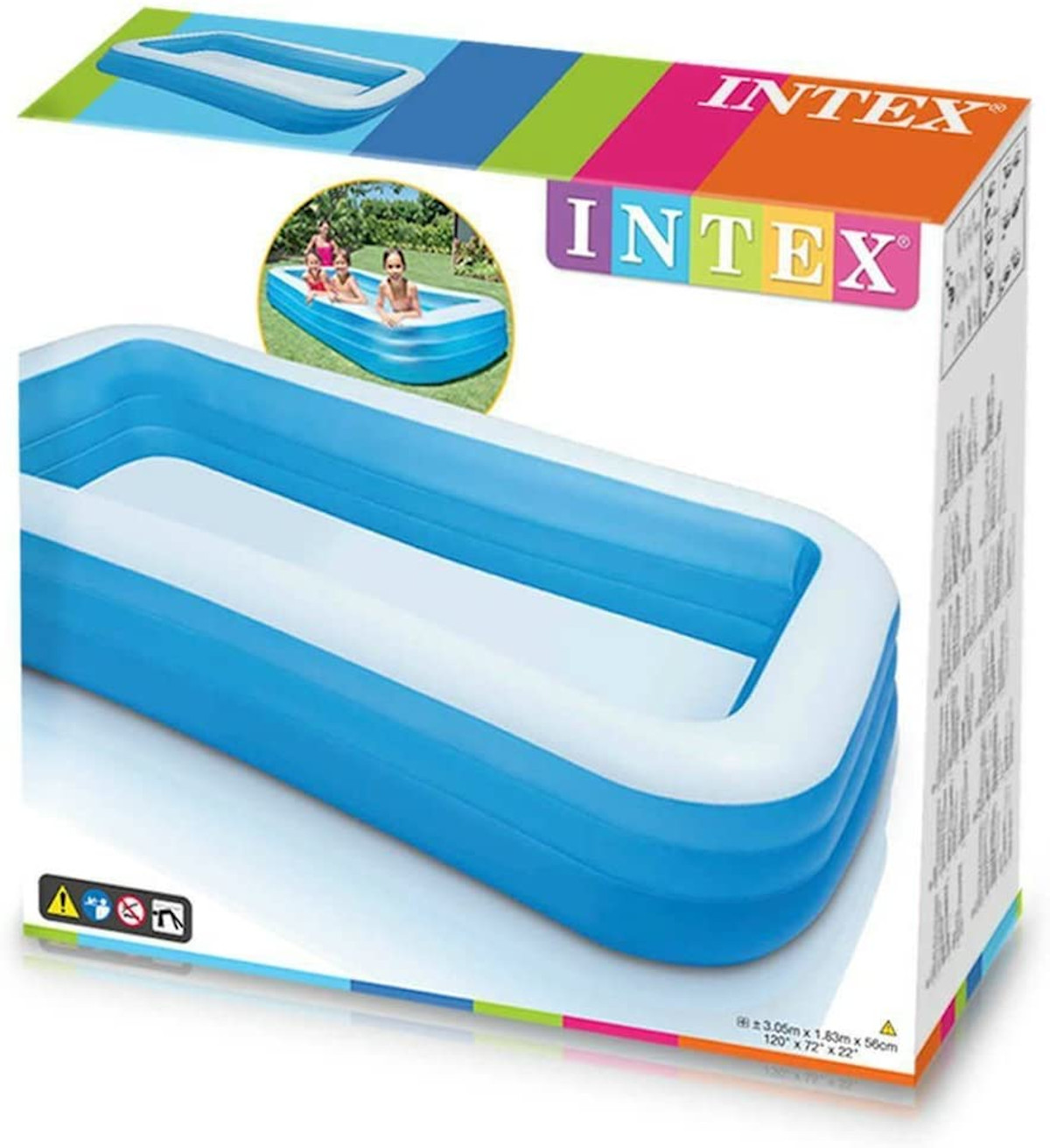 Ein aufblasbarer Pool in einer Box. Zeigt den Pool und die Leute, die ihn benutzen. Blau und weiß.