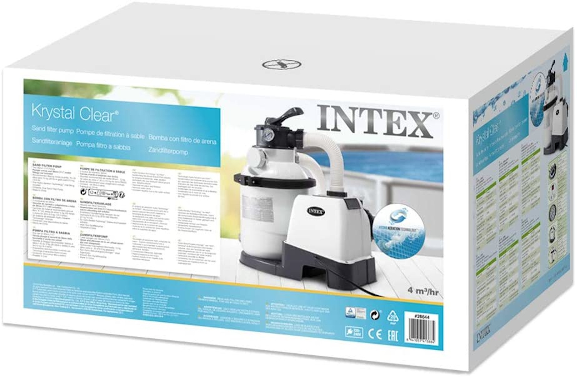 Weiße Box mit einer Poolfilterpumpe. Produktinformationen und Details auf der Box.