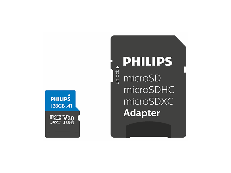 Speicherkarte, U3/ Adapter, 10/ Micro-SDXC PHILIPS GB, Mbit/s 100 UHS-I 128, 128 4K/ Class Micro-SDXC