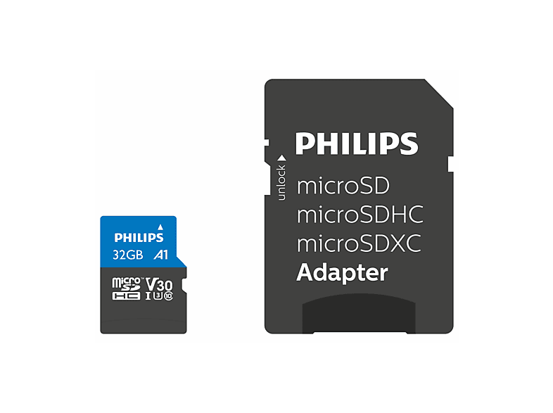 Micro-SDHC PHILIPS 80 GB, Adapter, 32 10/ UHS-I Speicherkarte, 4k/ Micro-SDHC U3/ Class Mbit/s 32,
