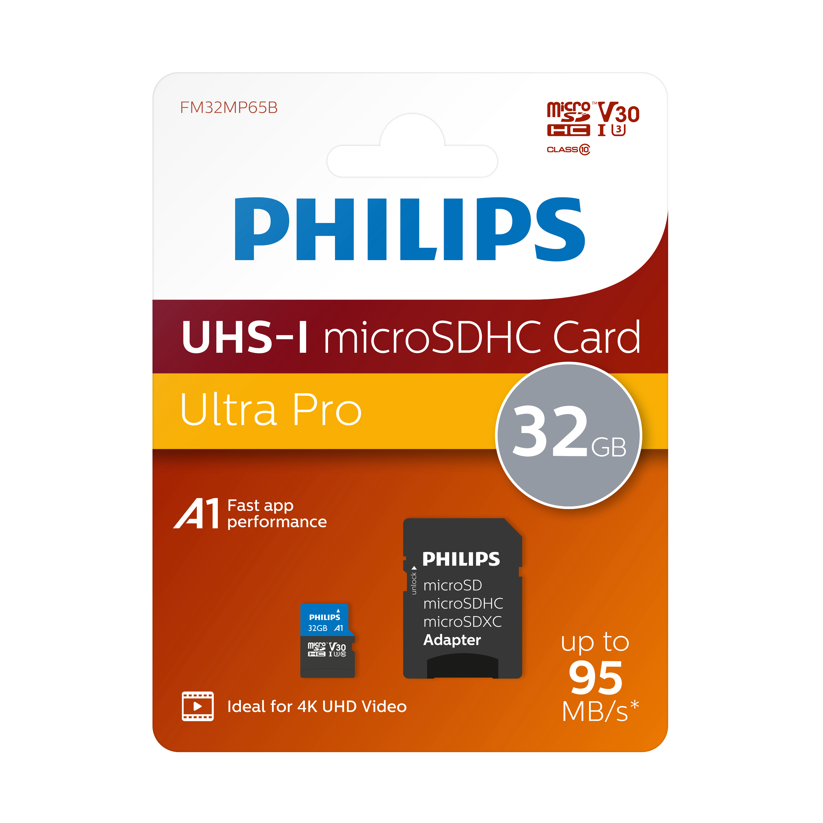 PHILIPS Micro-SDHC 32, Class 10/ UHS-I Mbit/s 80 GB, 32 Adapter, Speicherkarte, 4k/ Micro-SDHC U3