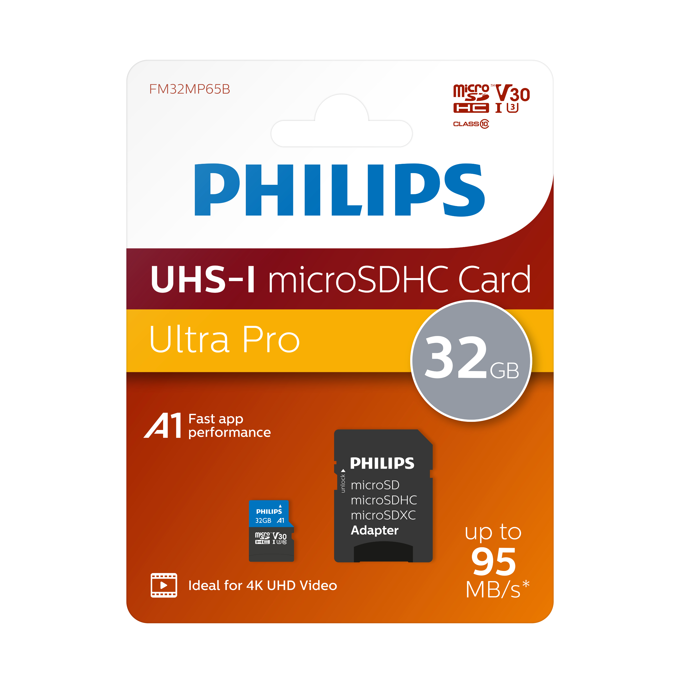 32 PHILIPS Micro-SDHC 4k/ UHS-I Speicherkarte, 10/ Micro-SDHC 32, U3/ Class Adapter, GB, Mbit/s 80