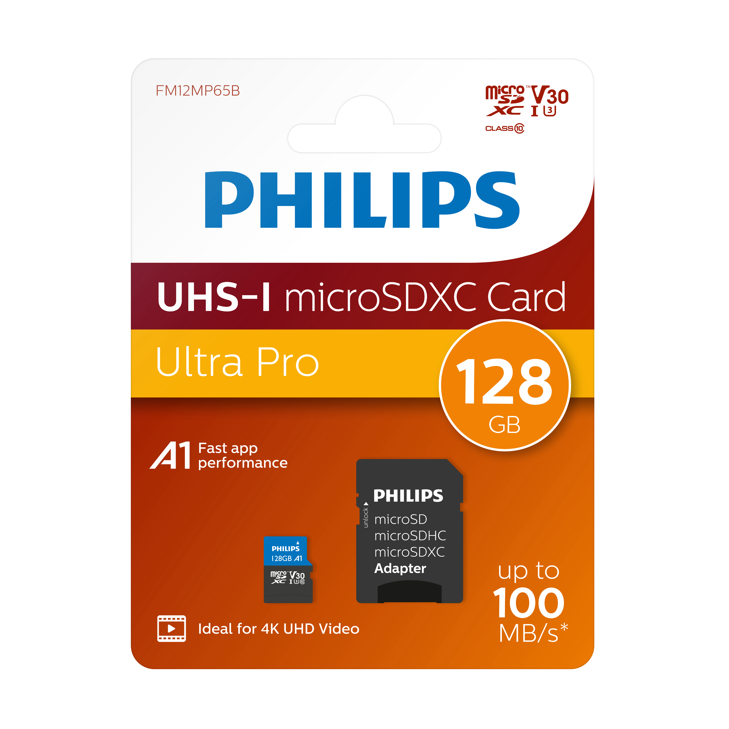 PHILIPS Micro-SDXC 128, Class 10/ Adapter, Mbit/s GB, 100 U3/ 4K/ UHS-I Micro-SDXC Speicherkarte, 128