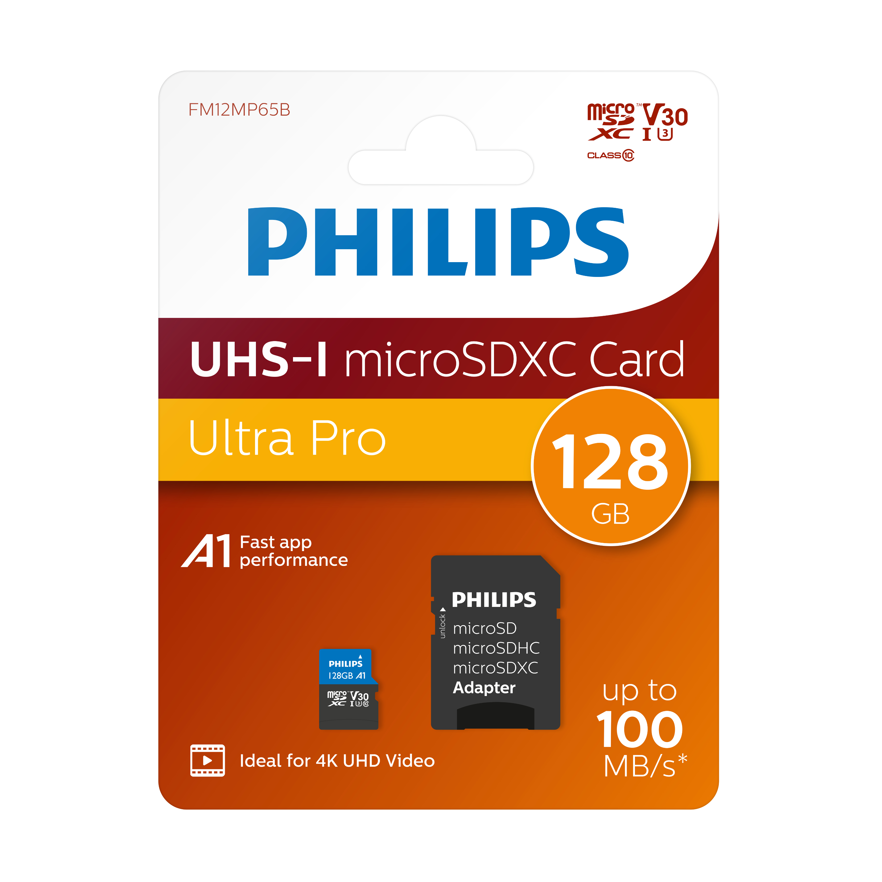 Confezione scheda microSDXC Philips con scheda, adattatore e dettagli del prodotto su sfondo bianco.