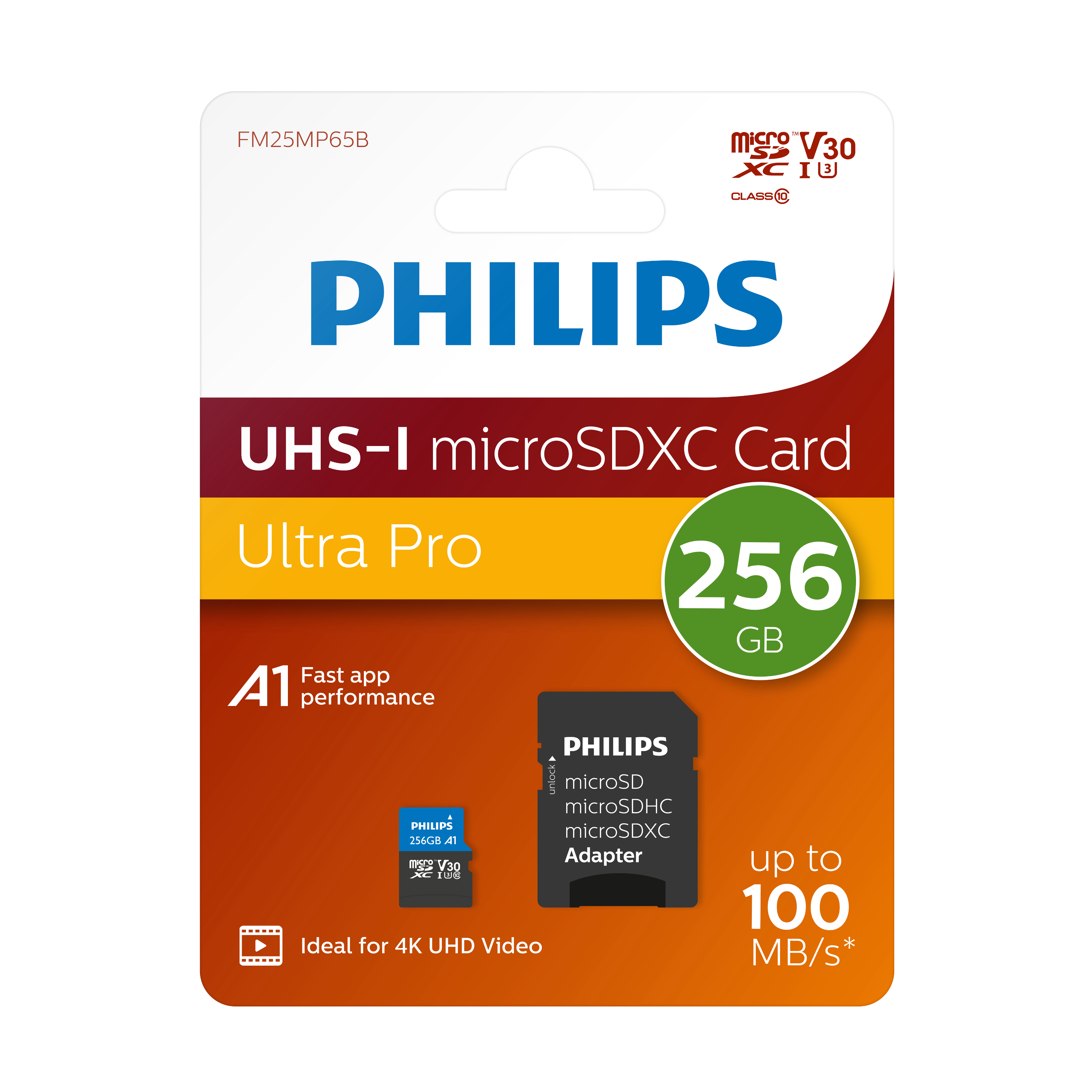 Philips microSDXC-Kartenverpackung, Text und Karte sichtbar, 256GB Kapazität.