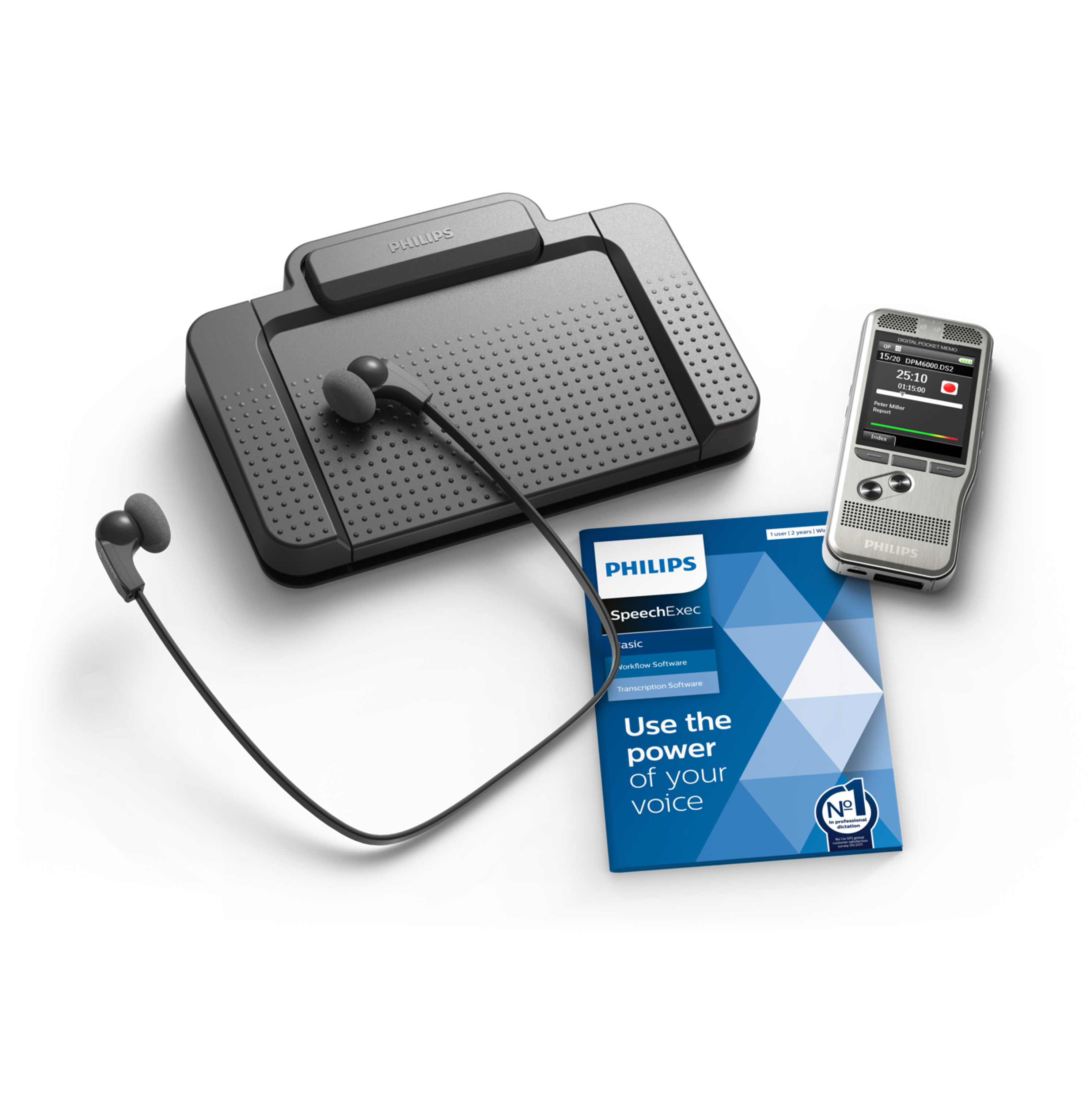 Ein Philips-Diktiergerät, Kopfhörer und eine Broschüre zur Transkriptionssoftware.