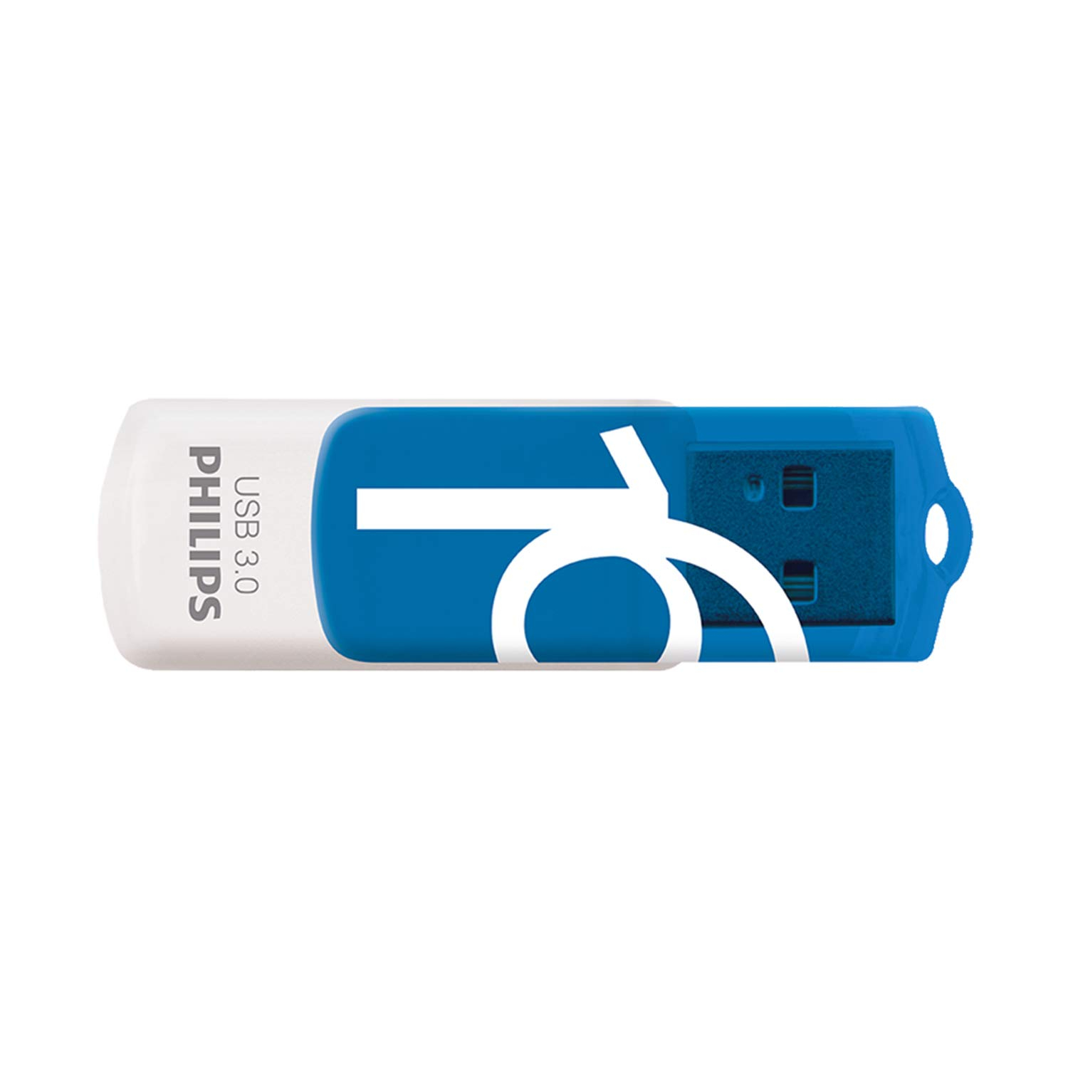 Niebiesko-biały pendrive USB. Widoczna nazwa marki Philips.