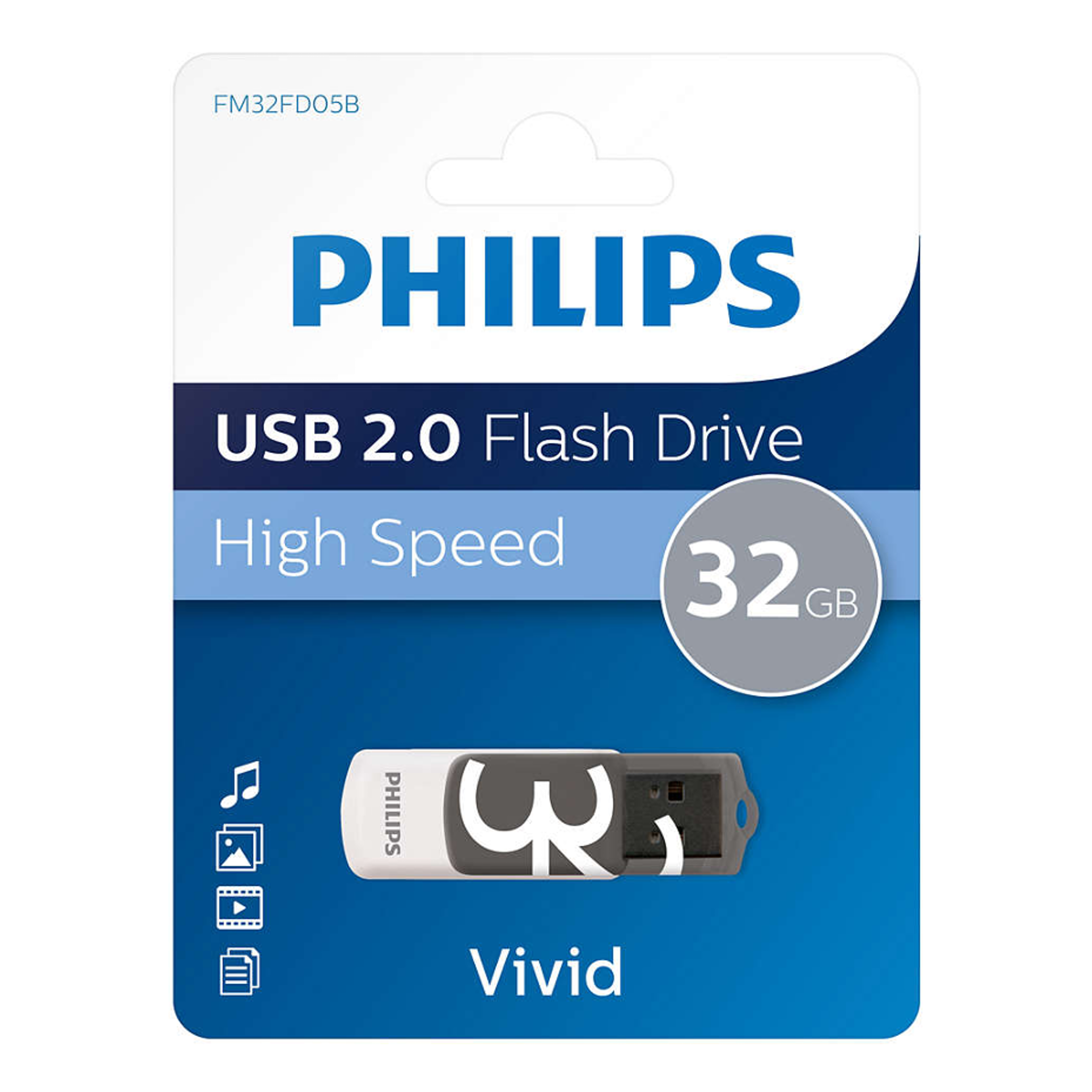 Philips USB-Flash-Laufwerk-Verpackung. Weiß und blau mit Produktdetails und 32GB-Etikett.
