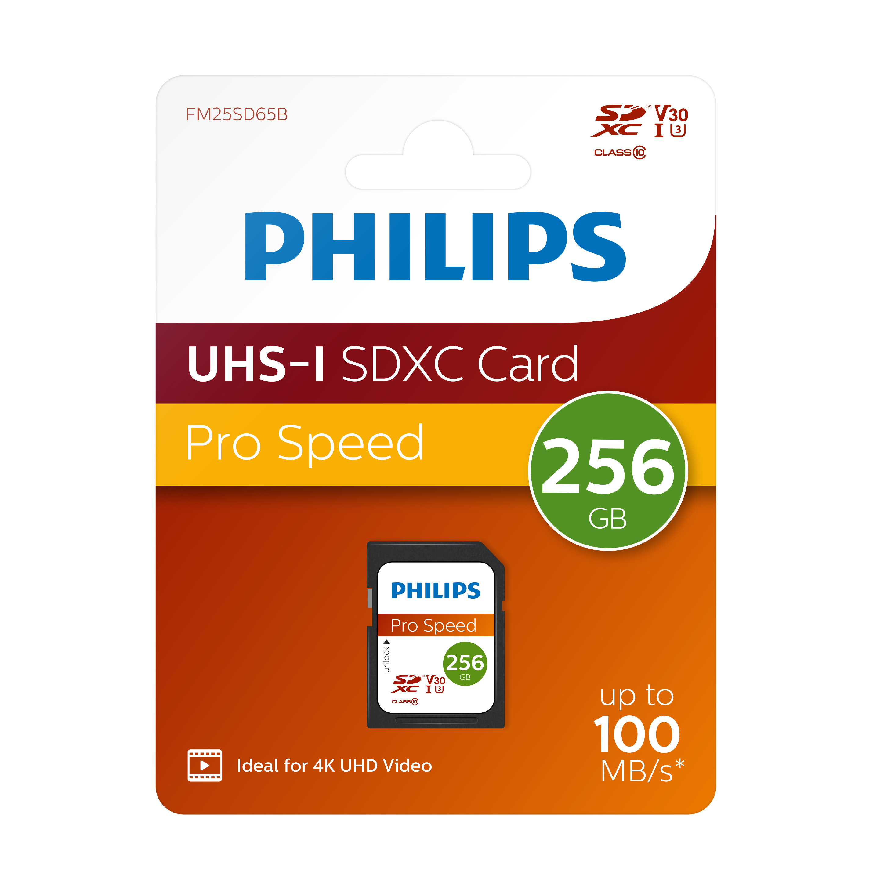 Eine Philips SD-Kartenverpackung mit Karte und Adapter, die 256 GB und schnelle Übertragungsgeschwindigkeiten anzeigt.