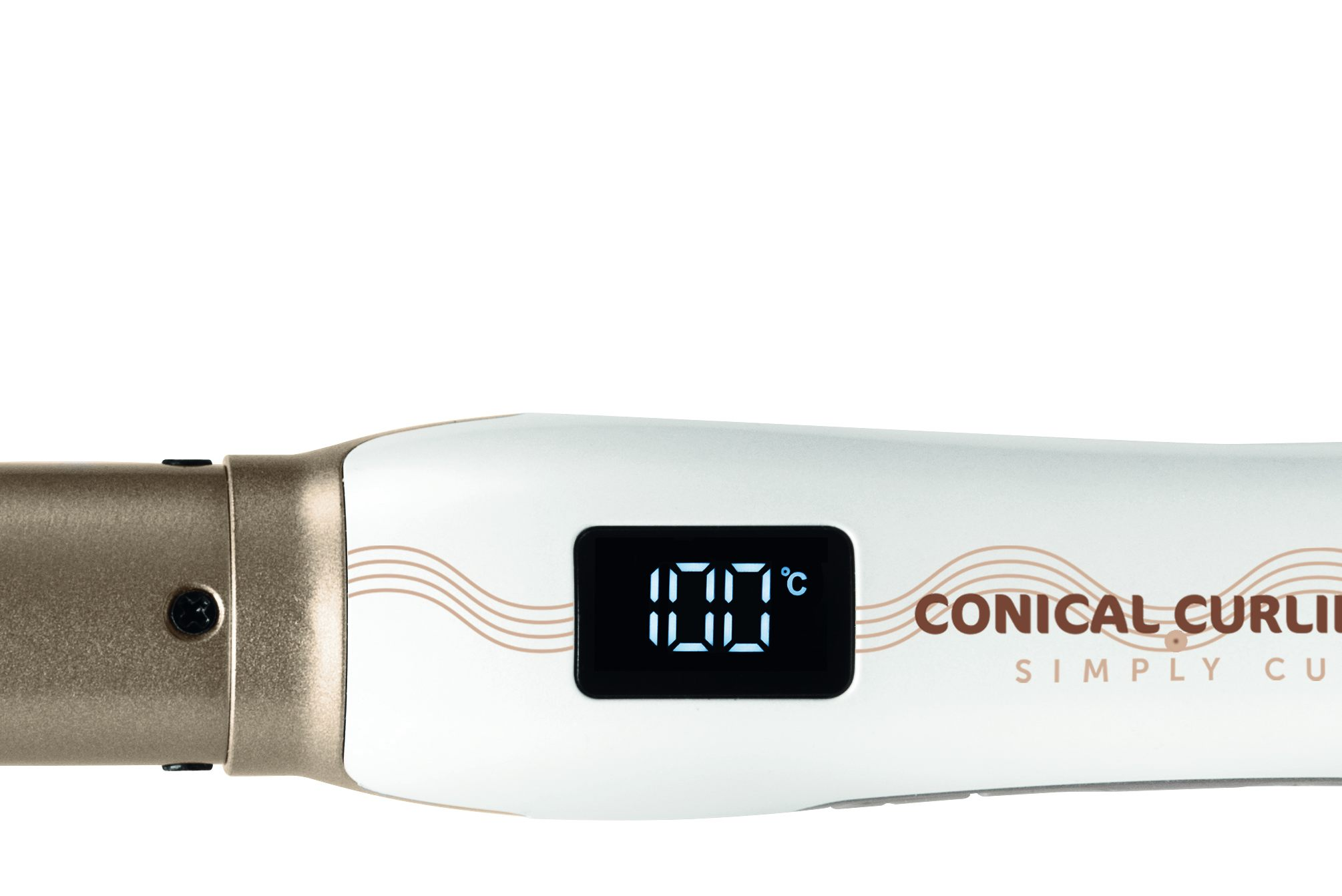 Ein Lockenstab, der die Temperatur 100 °C anzeigt. Der Text lautet: „Conical Curling Iron“.
