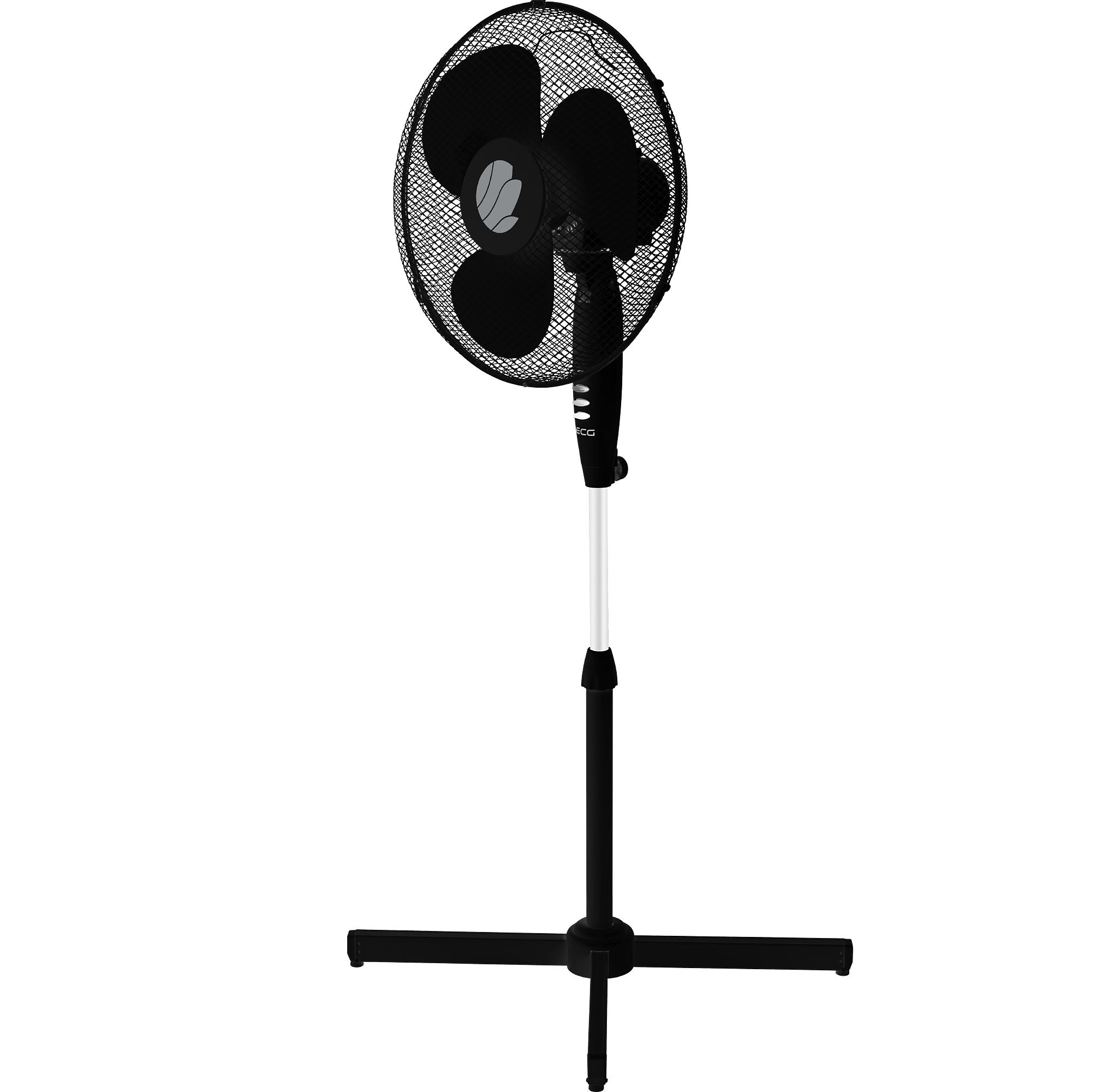 Czarny wentylator stojący z czterema łopatkami na białym tle. Podstawa jest czarna, a stojak srebrny.