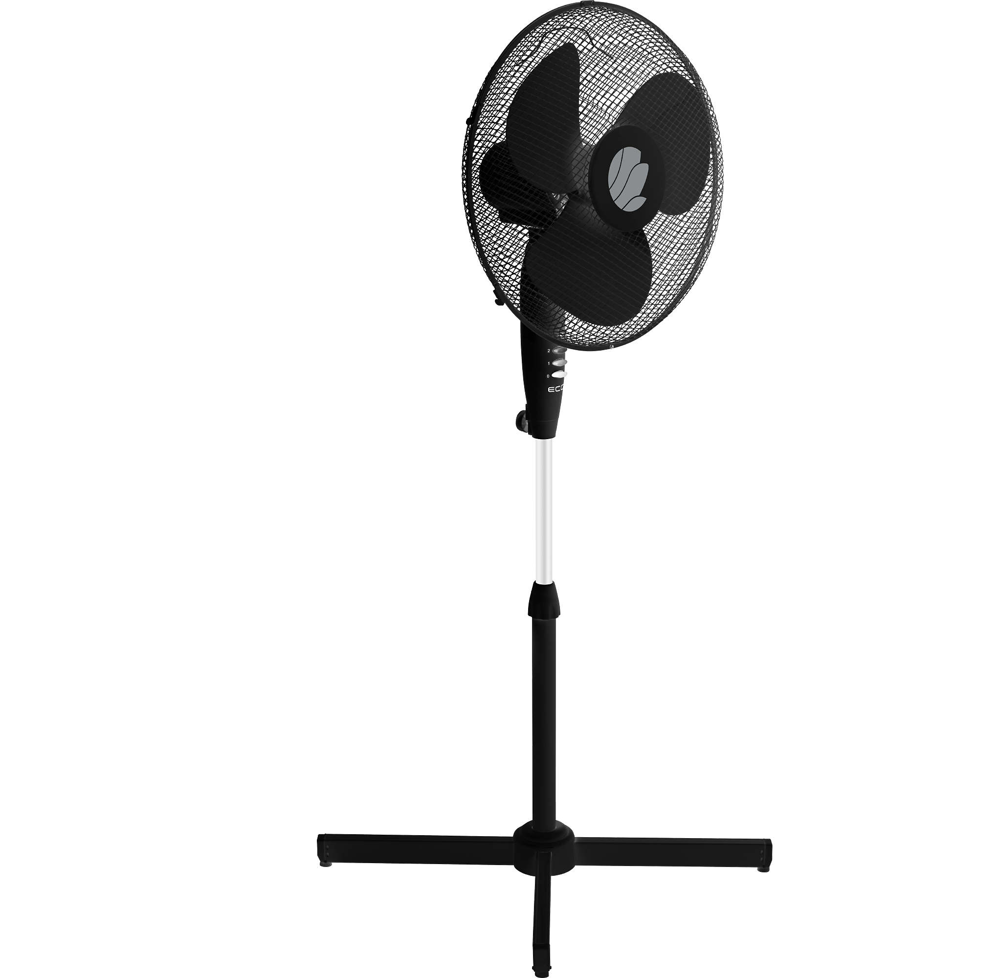 Czarny wentylator stojący z podstawą krzyżową, na białym tle.