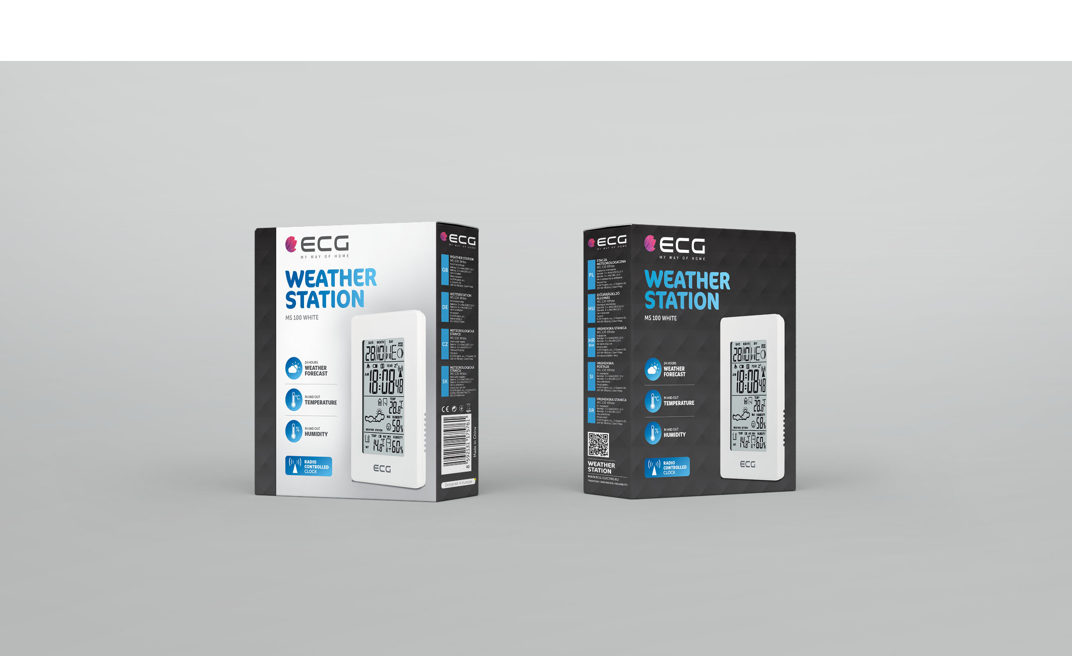 Zwei Wetterstationsboxen. Jede zeigt das Produkt und seine Funktionen. Die Marke ist ECG.