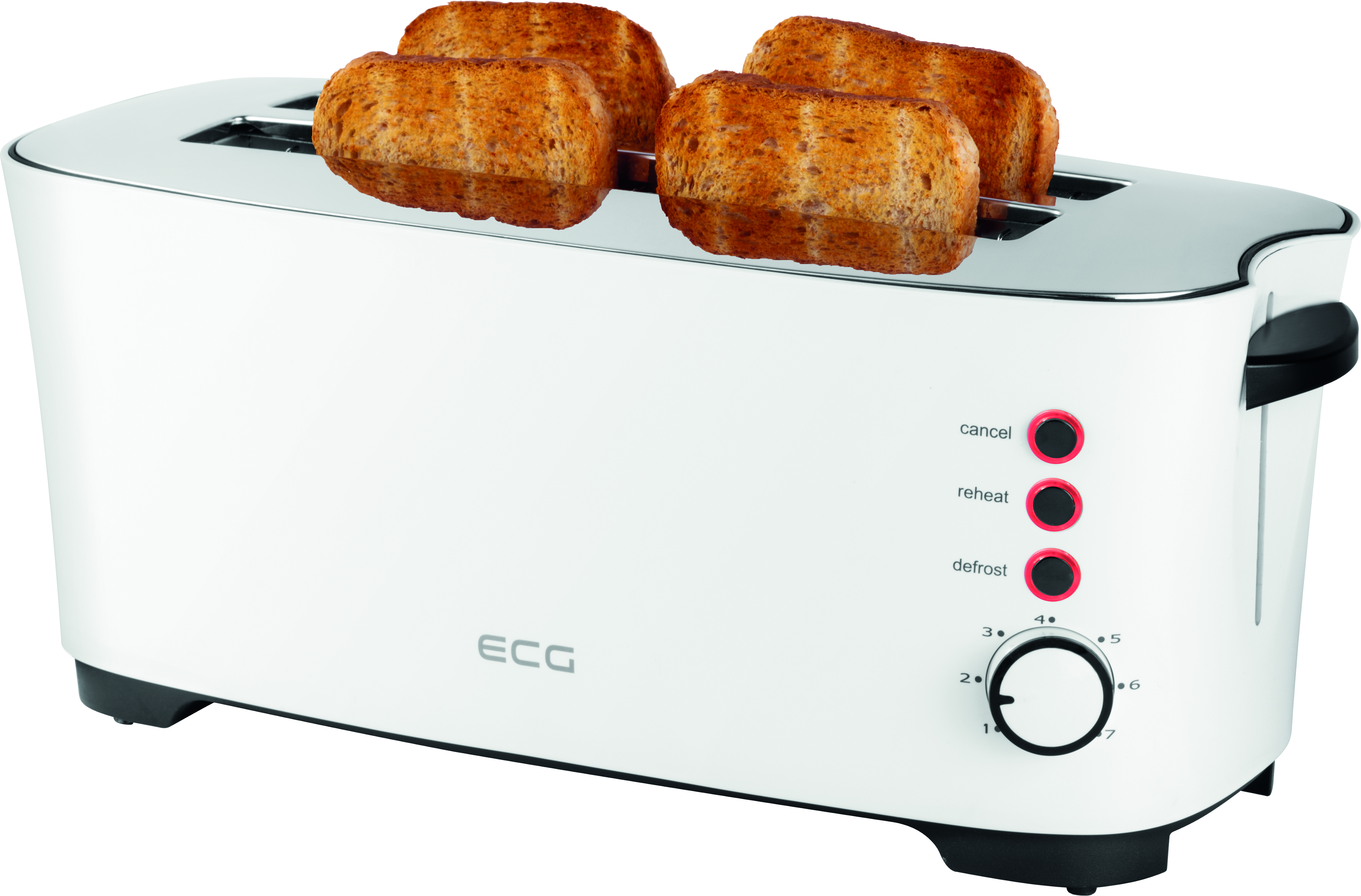 ST Watt, | 1350 Auftaufunktion 2) Toaster W Toaster | Schlitze: Toastscheiben ECG | | | (1350 weiss Aufwärmfunktion | 4 13730