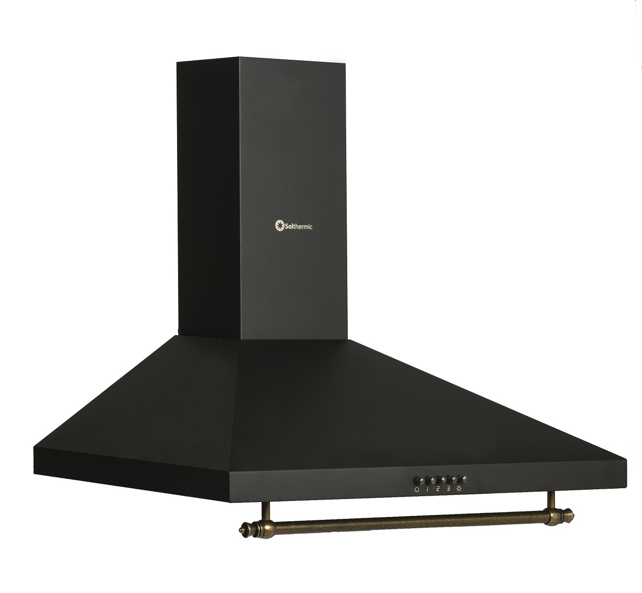 Campana extractora negra con barra dorada. La marca es Selkthermic.