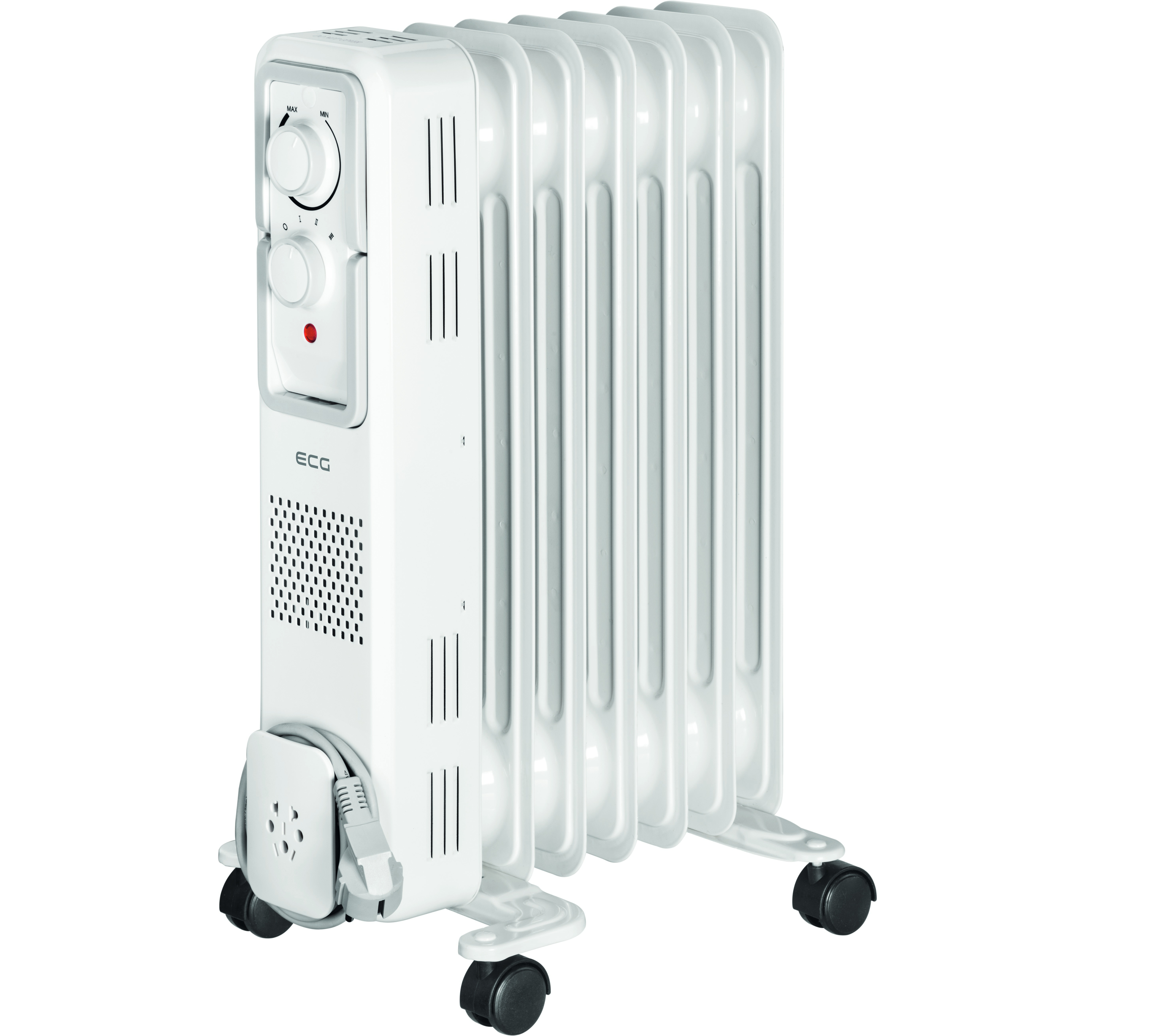 Biały grzejnik olejowy z pokrętłami i kółkami, stojący pionowo.