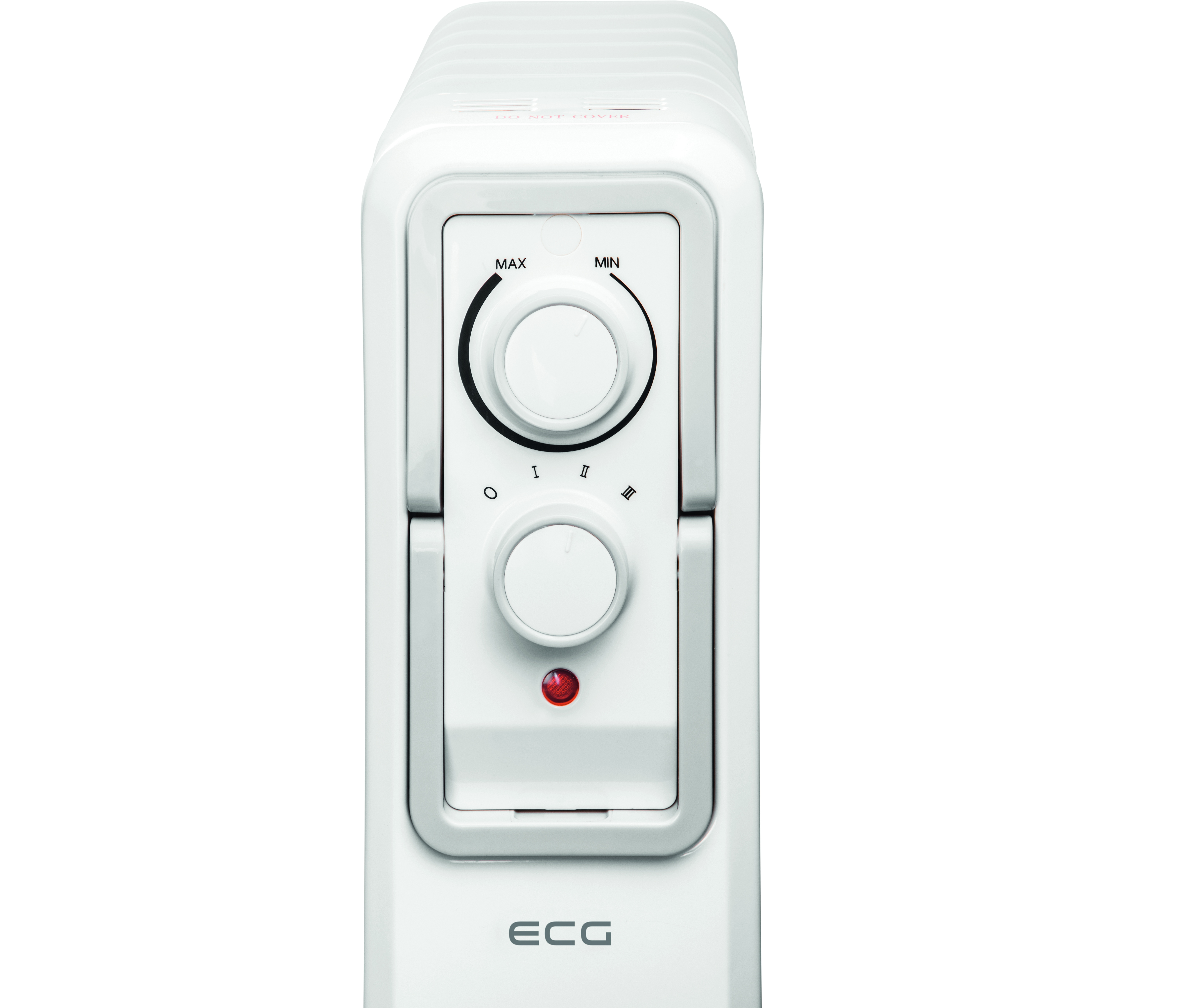 Biały kaloryfer olejowy z pokrętłami sterowania.