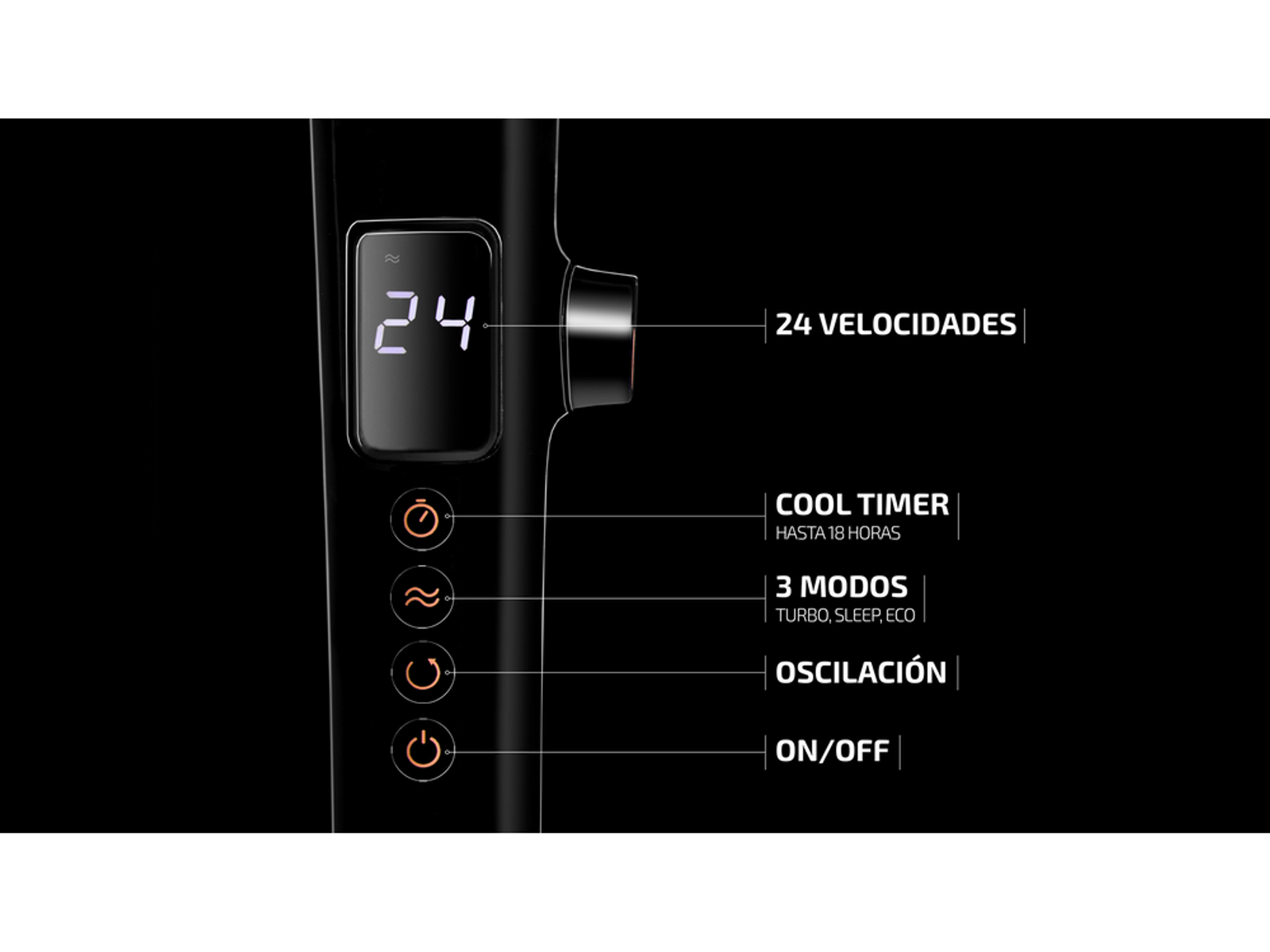 Panel de control de ventilador negro con pantalla digital y botones, indicando ajustes.