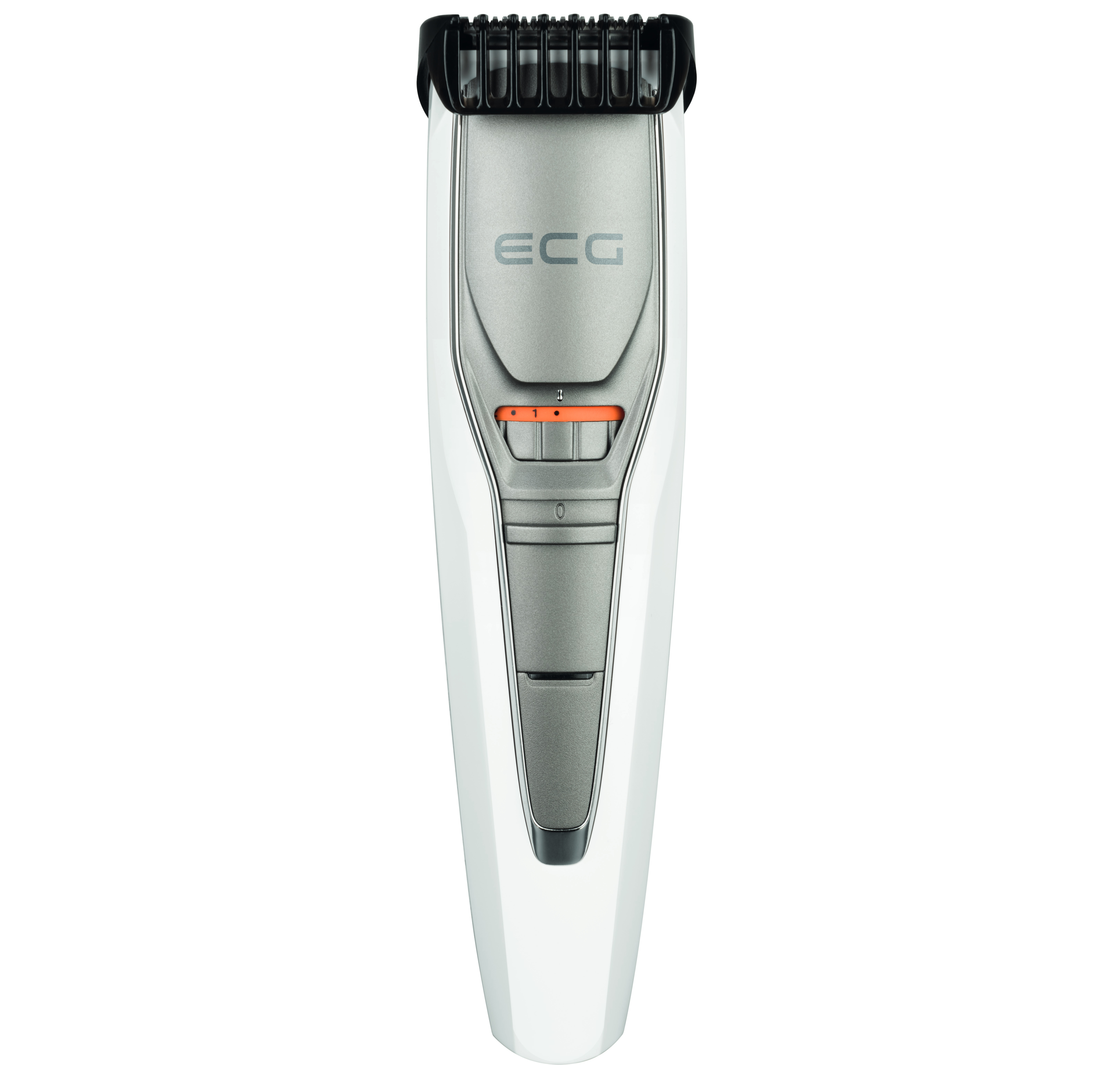Biało-srebrna maszynka do strzyżenia brody z czarną głowicą do strzyżenia. Trymer ma pomarańczowy wskaźnik.