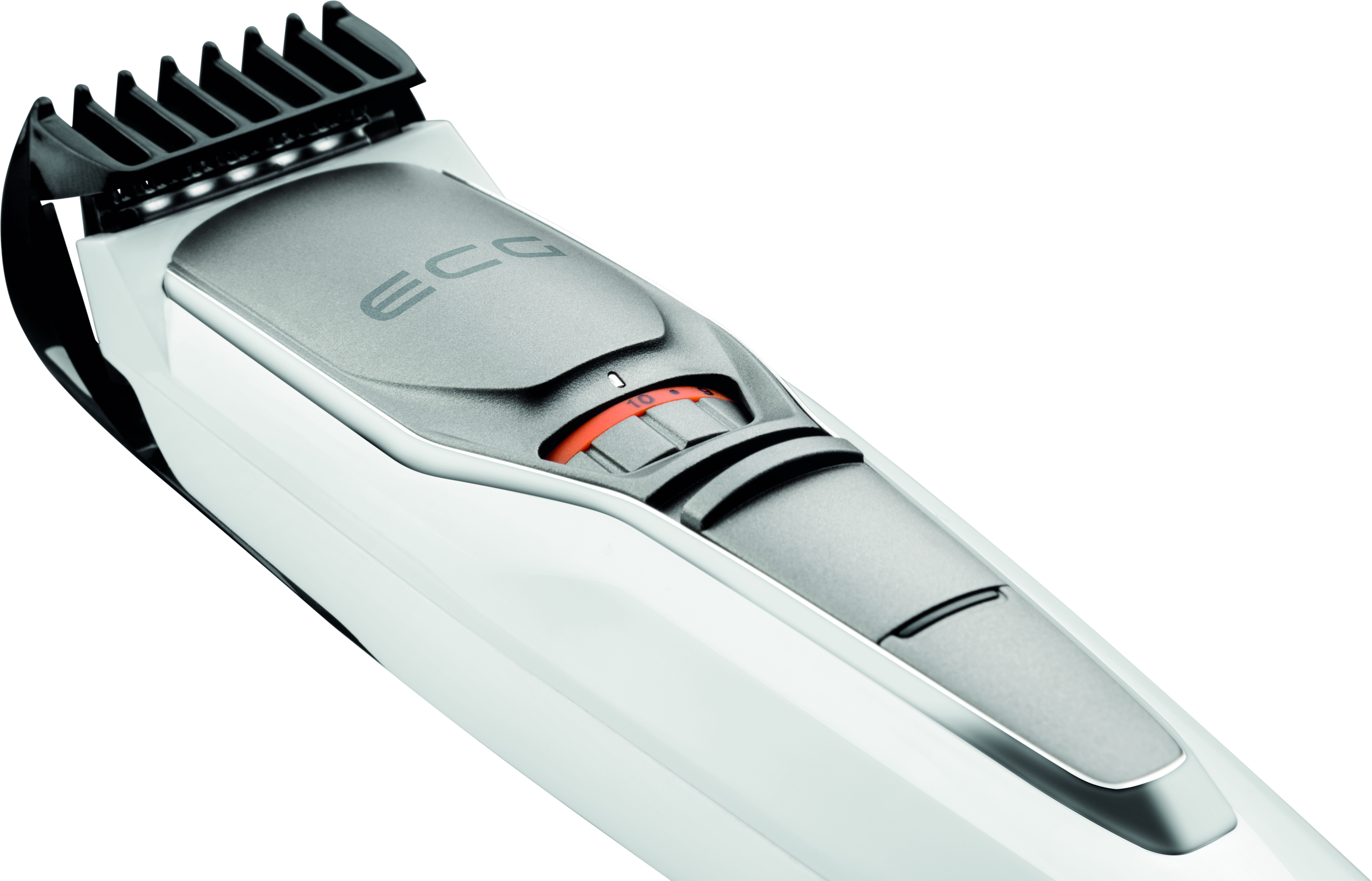 Biała i szara maszynka do strzyżenia brody z czarną osłoną ostrza i pokrętłem regulacji.