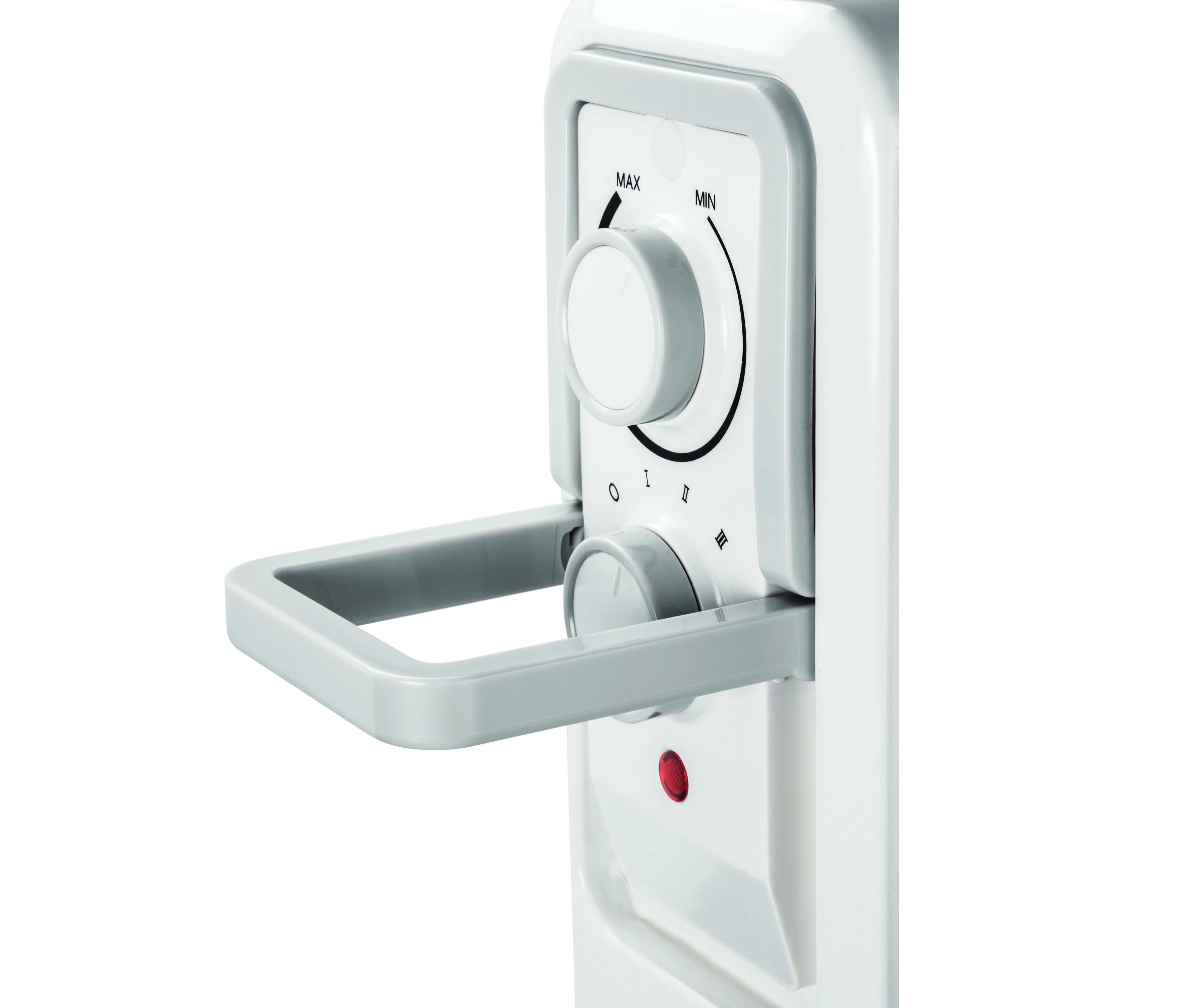 Biały panel sterowania grzejnikiem elektrycznym z pokrętłami i czerwoną lampką kontrolną.