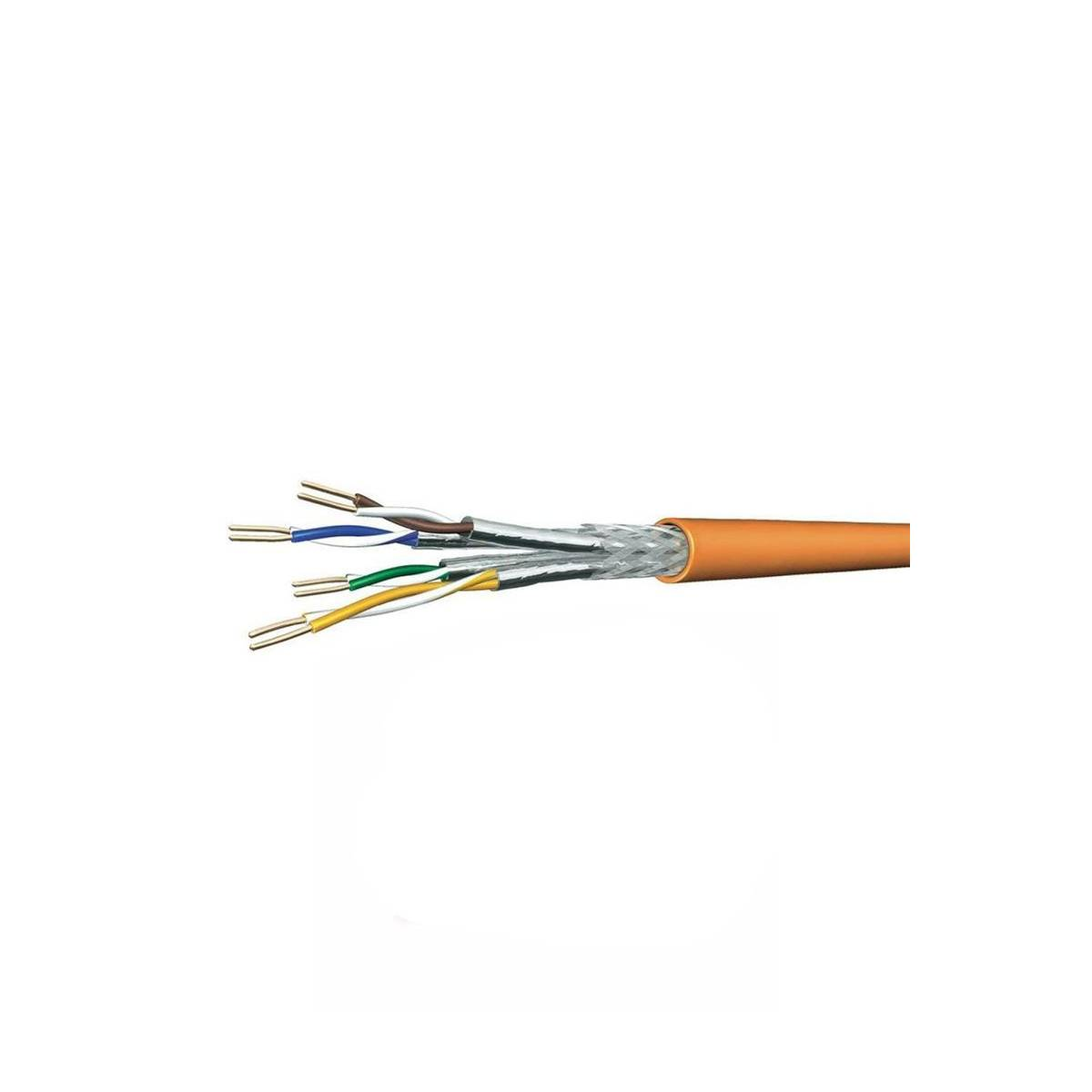 Orangefarbenes CAT-Kabel mit freiliegenden Drähten. Verschiedenfarbige Drähte sind sichtbar.