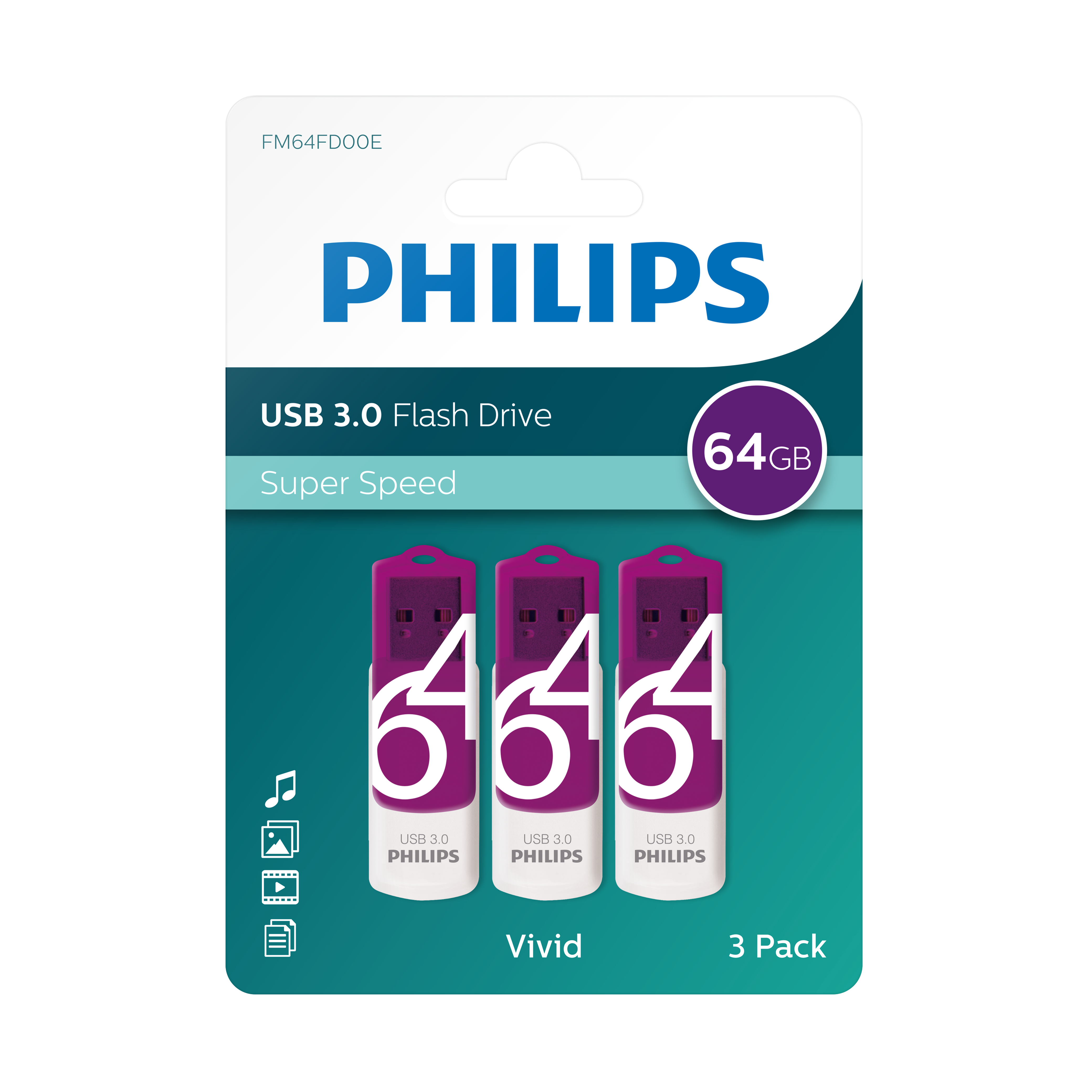 PHILIPS Vivid Edition Magic MB/s, 3er-Pack USB-Stick Purple®, 100