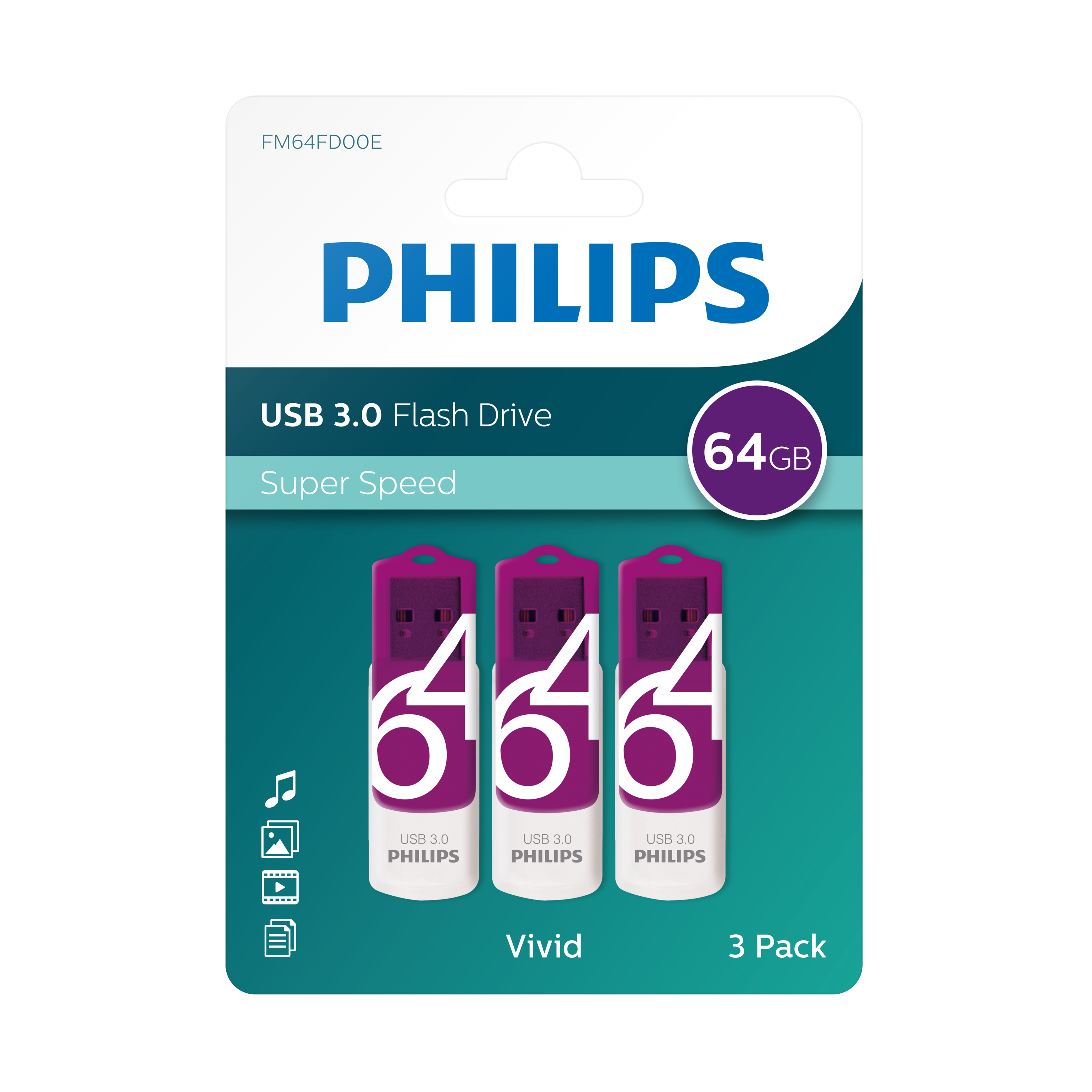 Eine Packung mit drei Philips USB 3.0-Flash-Laufwerken. Das Etikett zeigt 64 GB, USB 3.0 und Vivid.
