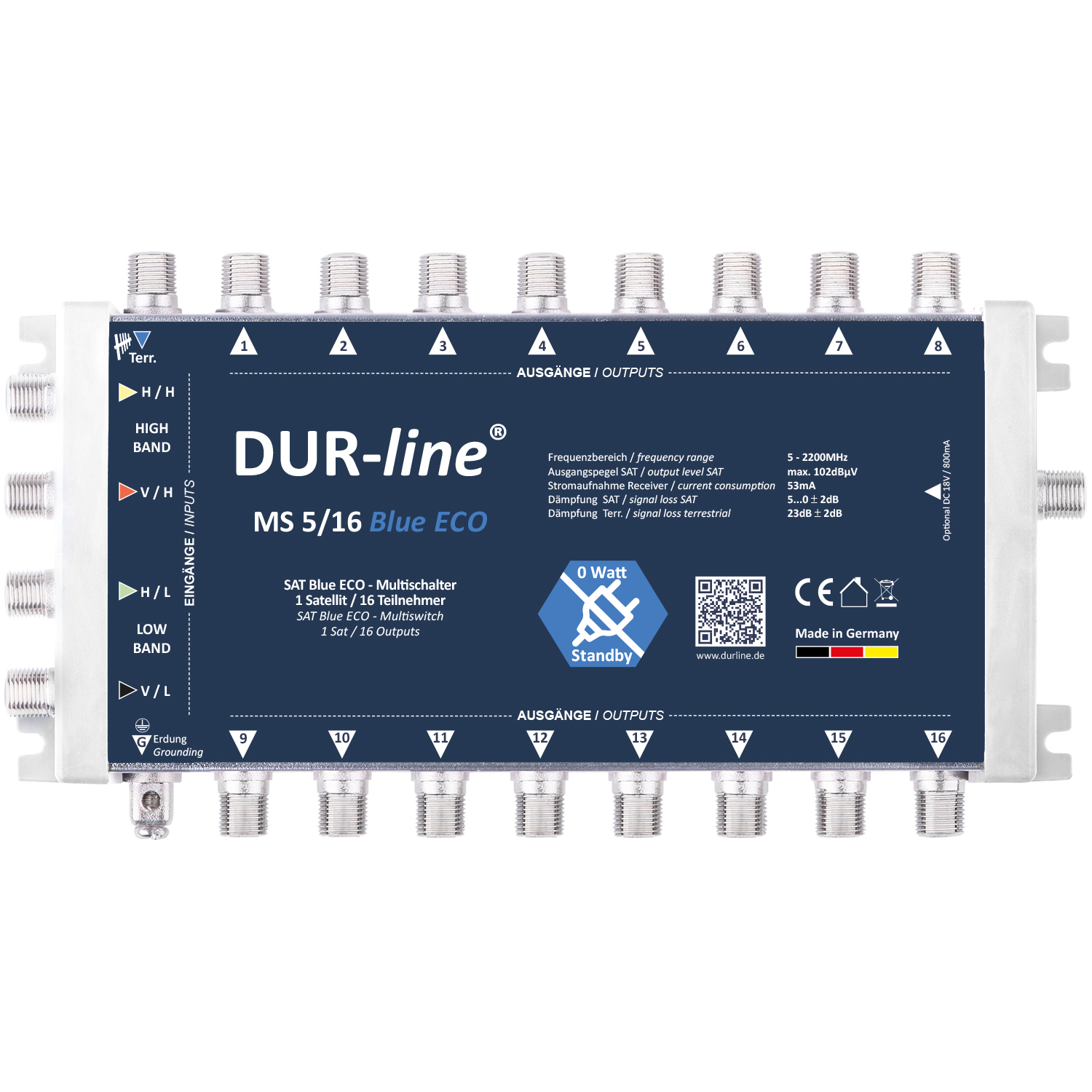 DUR-line MS 5/16 Blue ECO Multischalter. Beschriftet mit Ein- und Ausgängen.
