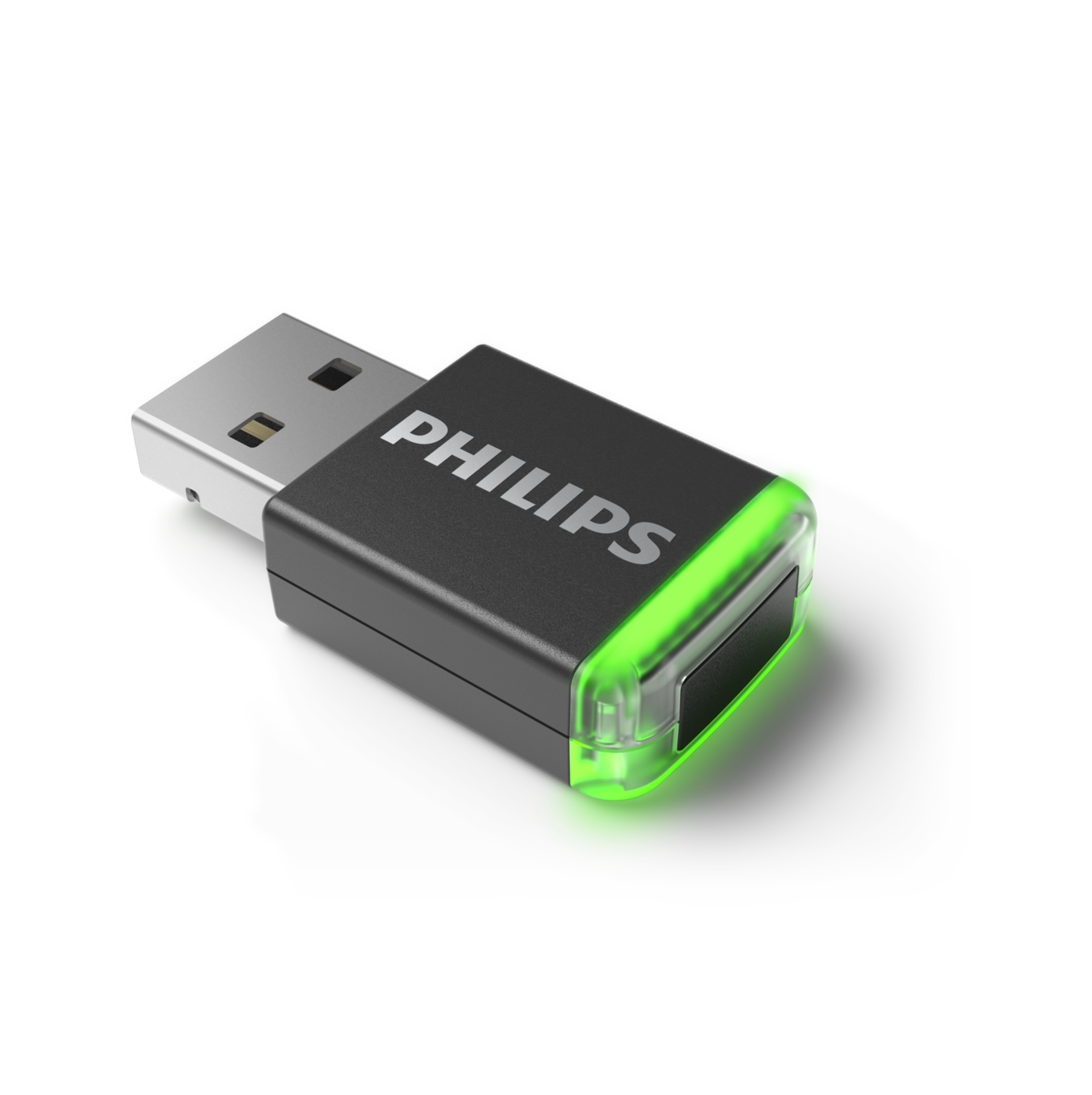 USB-Stick mit PHILIPS-Schriftzug und grünem Licht.
