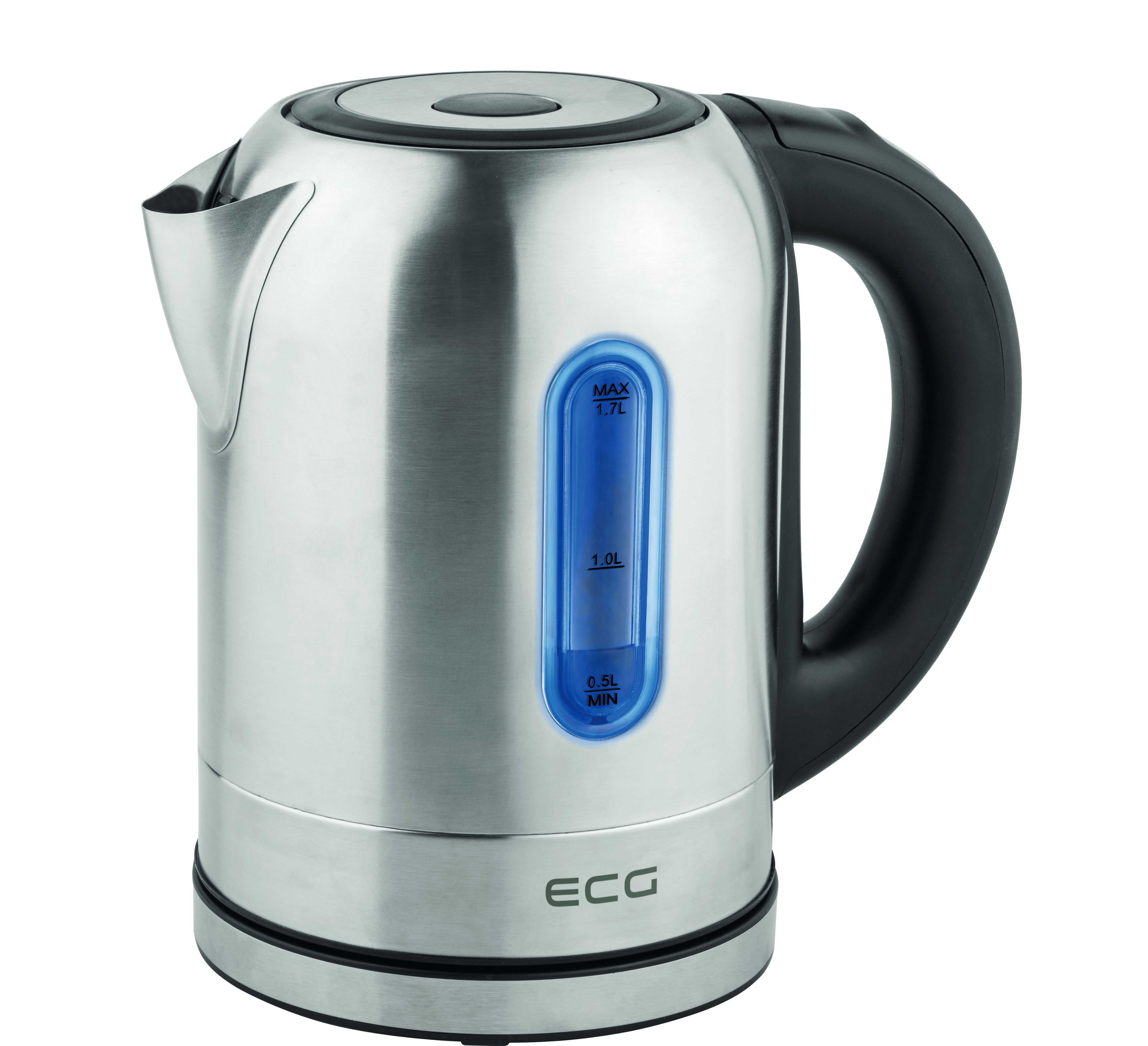 Srebrny czajnik elektryczny z czarnym uchwytem i niebieskim wskaźnikiem poziomu wody.