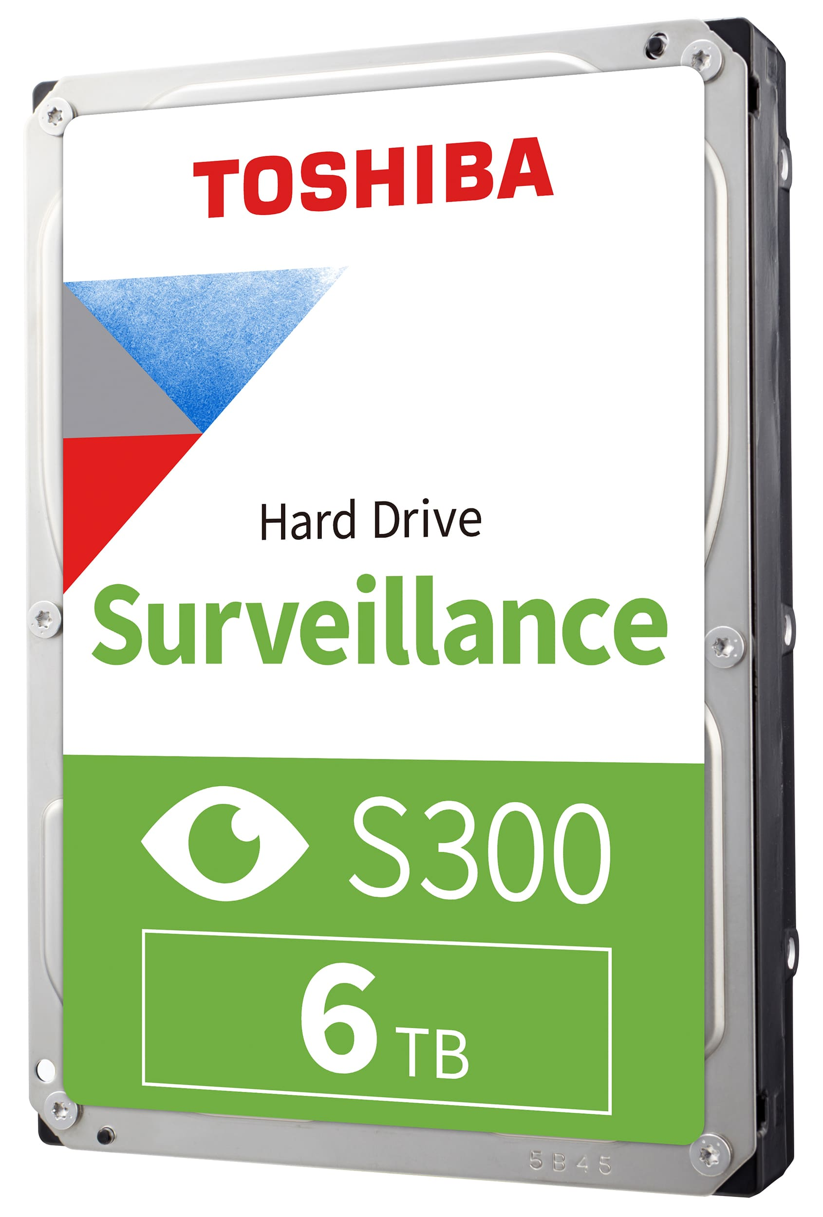 Dysk twardy Toshiba. Biała etykieta z czerwonym tekstem, zielonym tekstem 'Surveillance' i 6 TB. Srebrna obudowa.