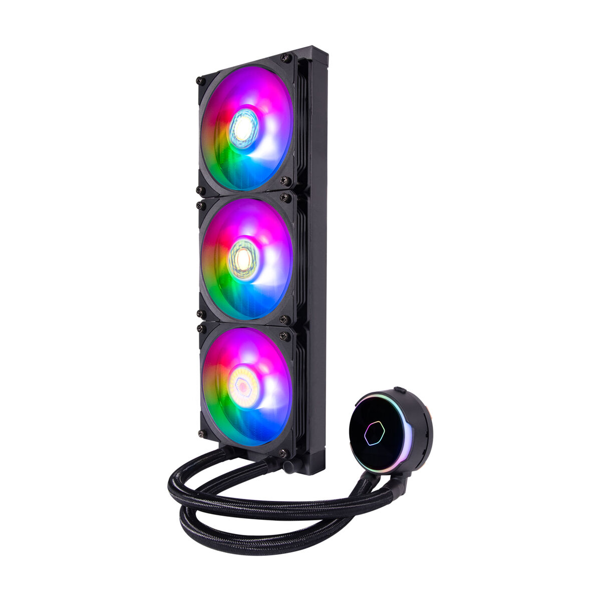 Un refroidisseur liquide d'ordinateur avec trois ventilateurs avec lumières RGB et une pompe.