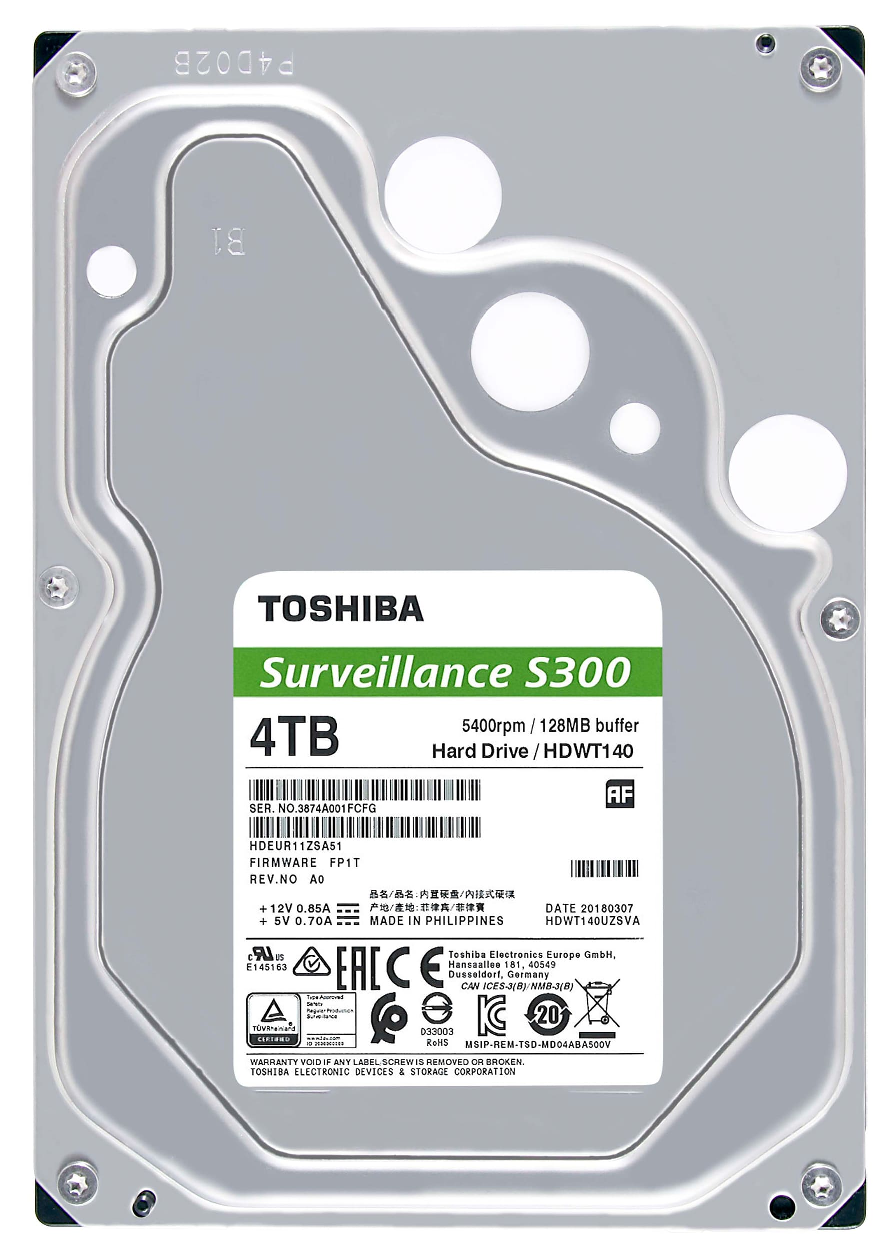 Dysk twardy Toshiba 4TB. Szara metalowa obudowa z etykietami i tekstem. Zielona i biała etykieta.