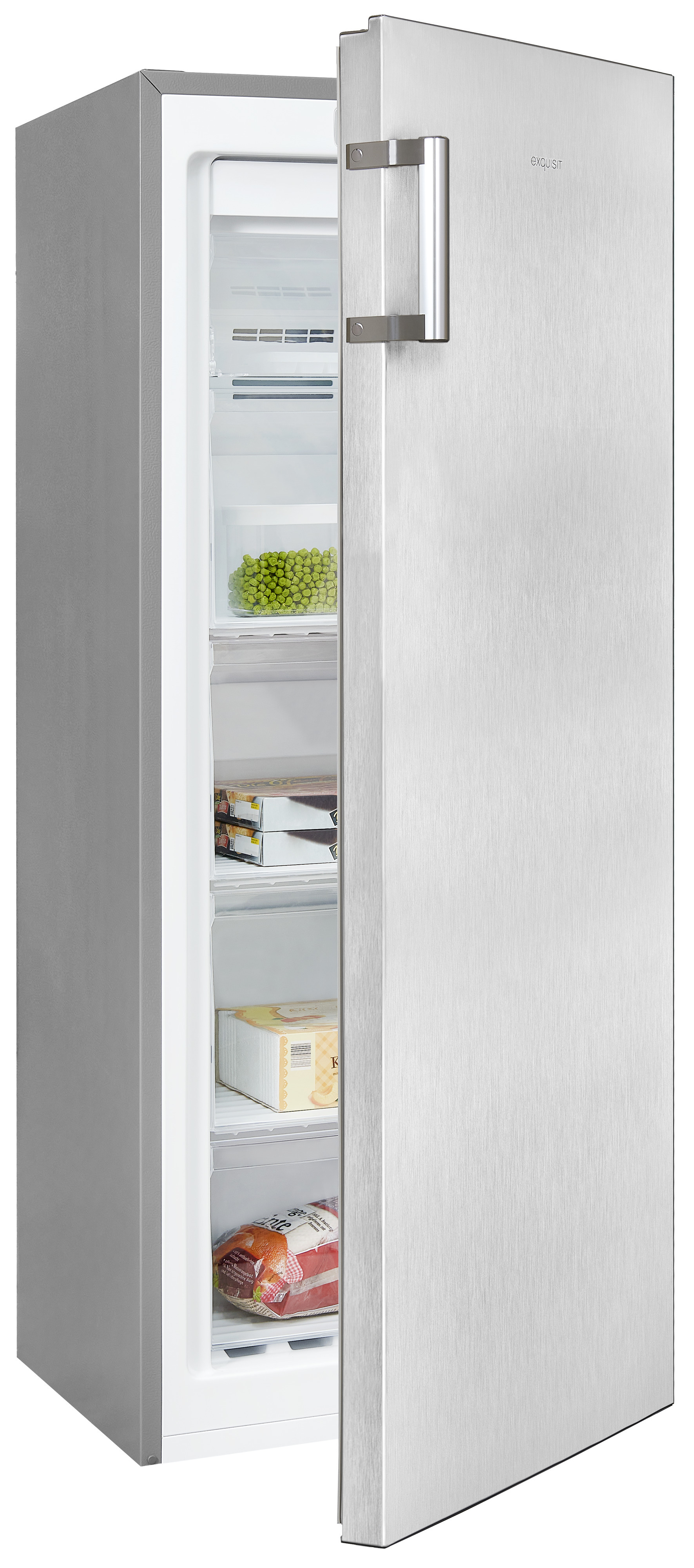 Silberner Kühlschrank, geöffnet. Innere Regale mit Lebensmitteln. Weißer Hintergrund.
