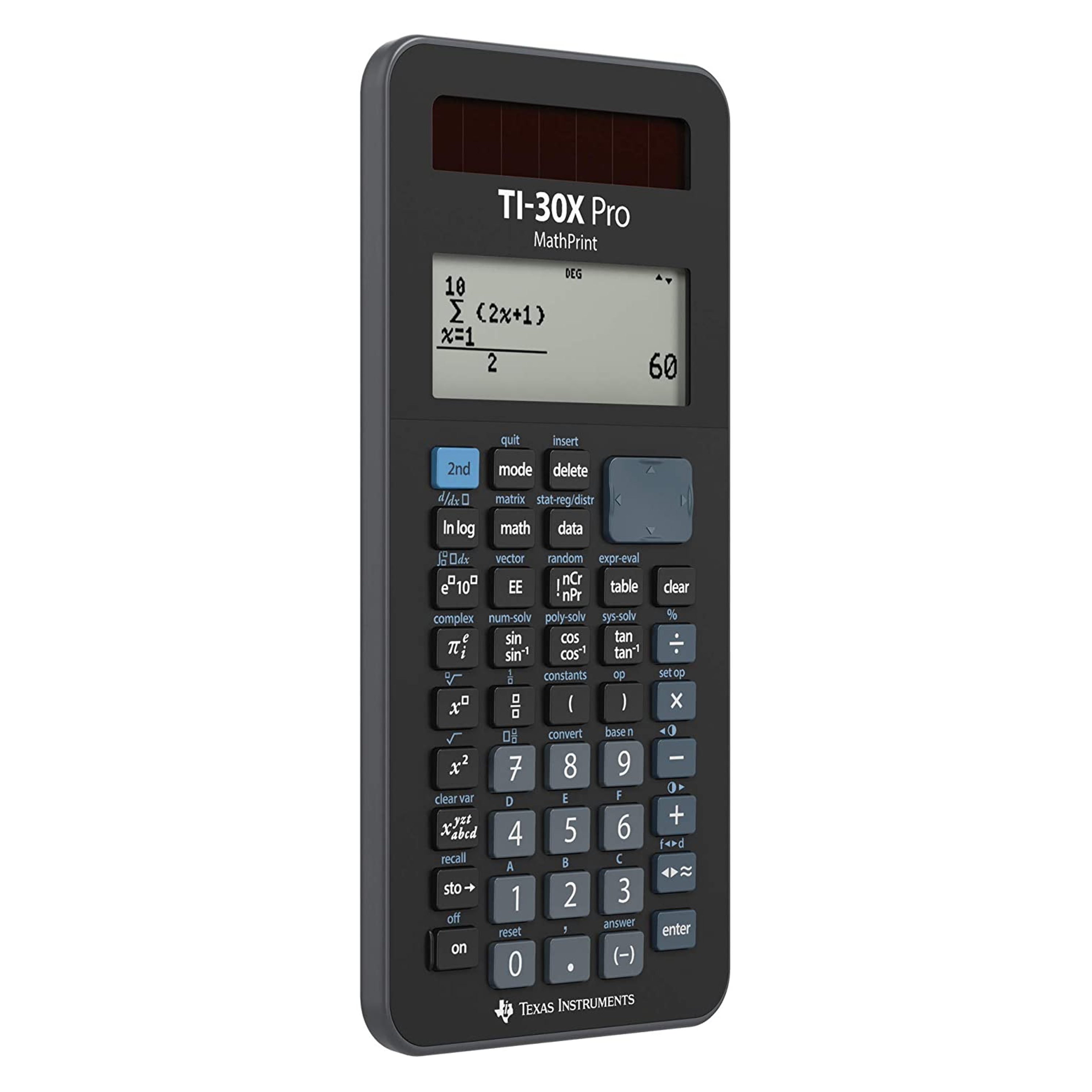 Ein schwarzer TI-30X Pro MathPrint Taschenrechner, der eine mathematische Aufgabe zeigt.
