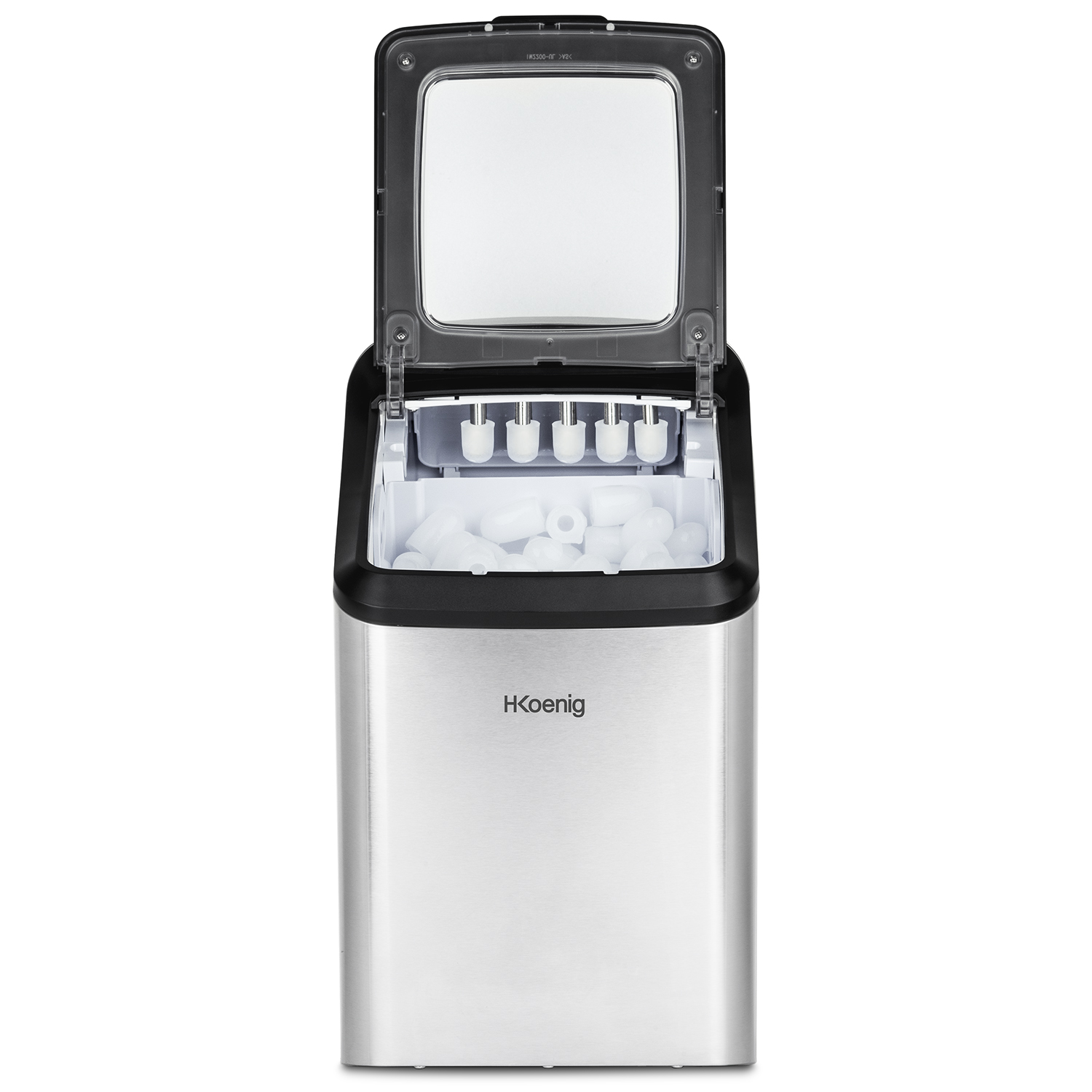 Wytwornica lodu ze stali nierdzewnej z czarnym wierzchem. Otwarta pokrywa ujawnia kostki lodu.