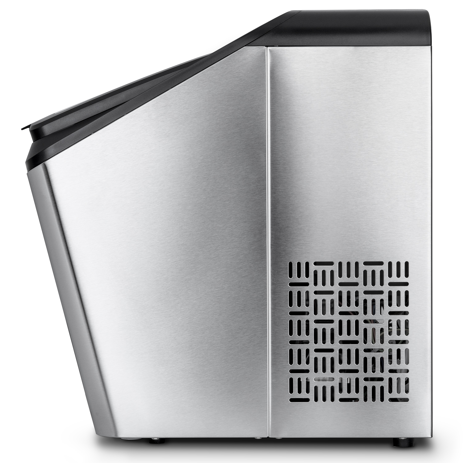 Widok z boku maszyny do lodu. Bok jest ze stali nierdzewnej i czarny.