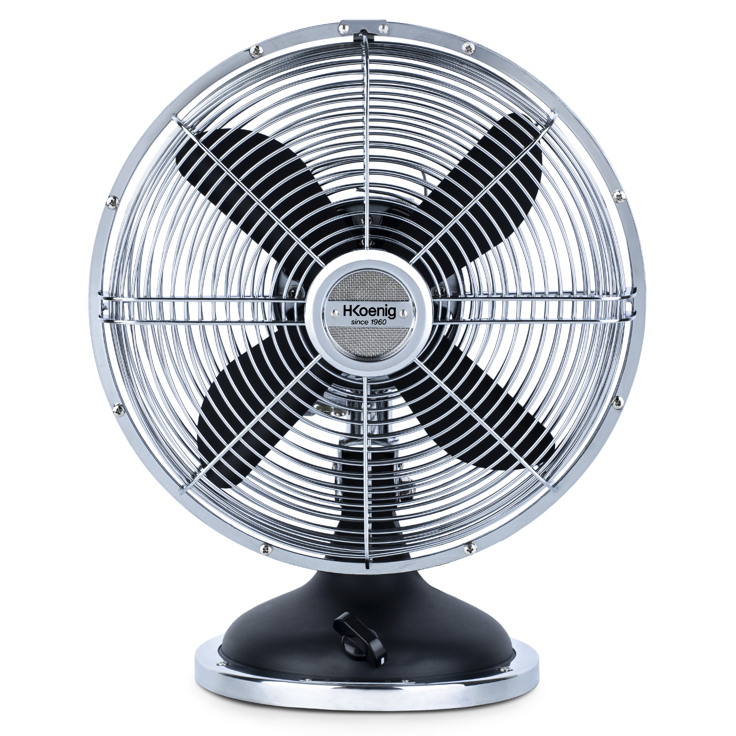 Ventilatore cromato e nero in stile retrò con quattro pale, logo HKoenig.