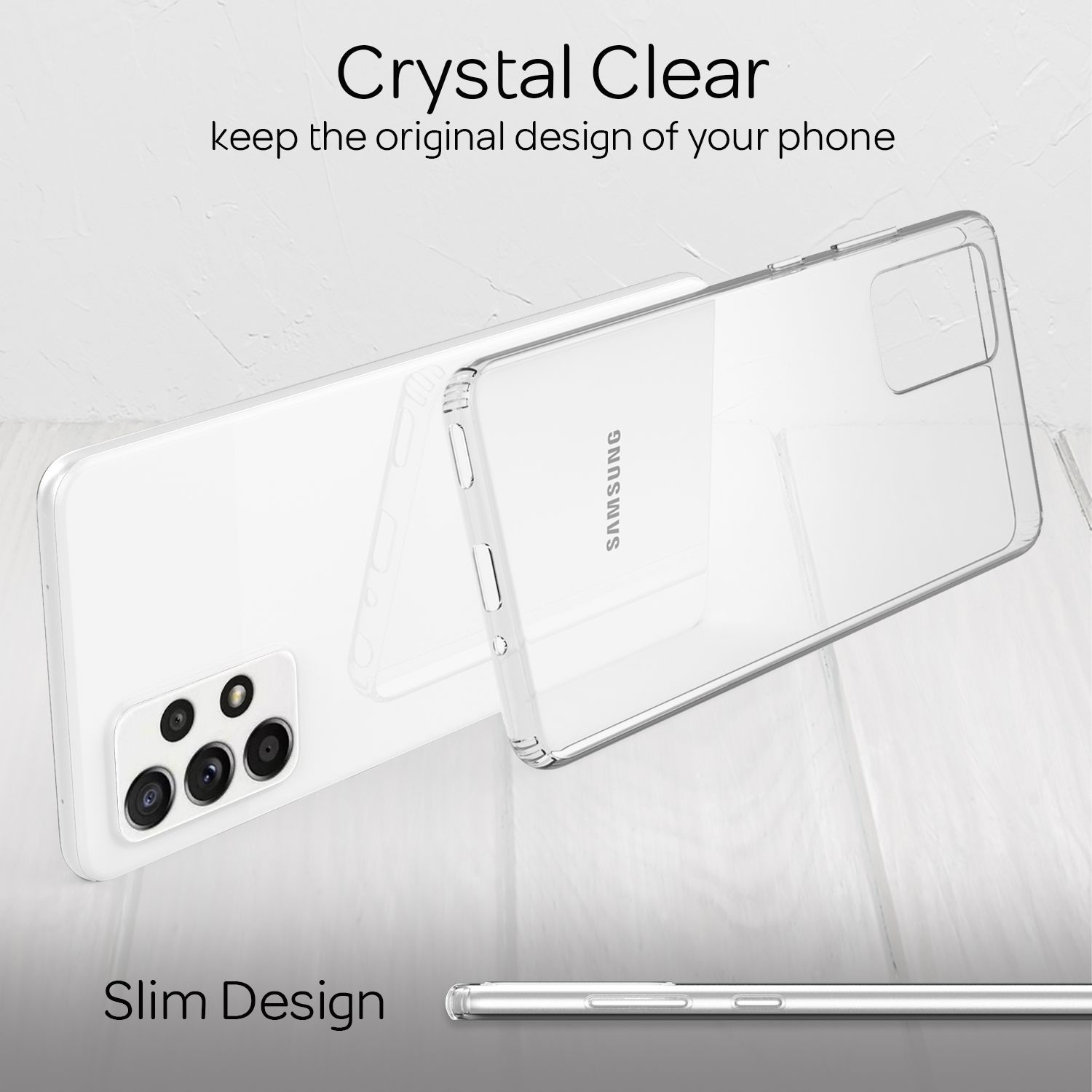 Transparente Handyhülle auf einem weißen Telefon. Das Telefon liegt auf weißer Oberfläche. Die Hülle ist transparent.