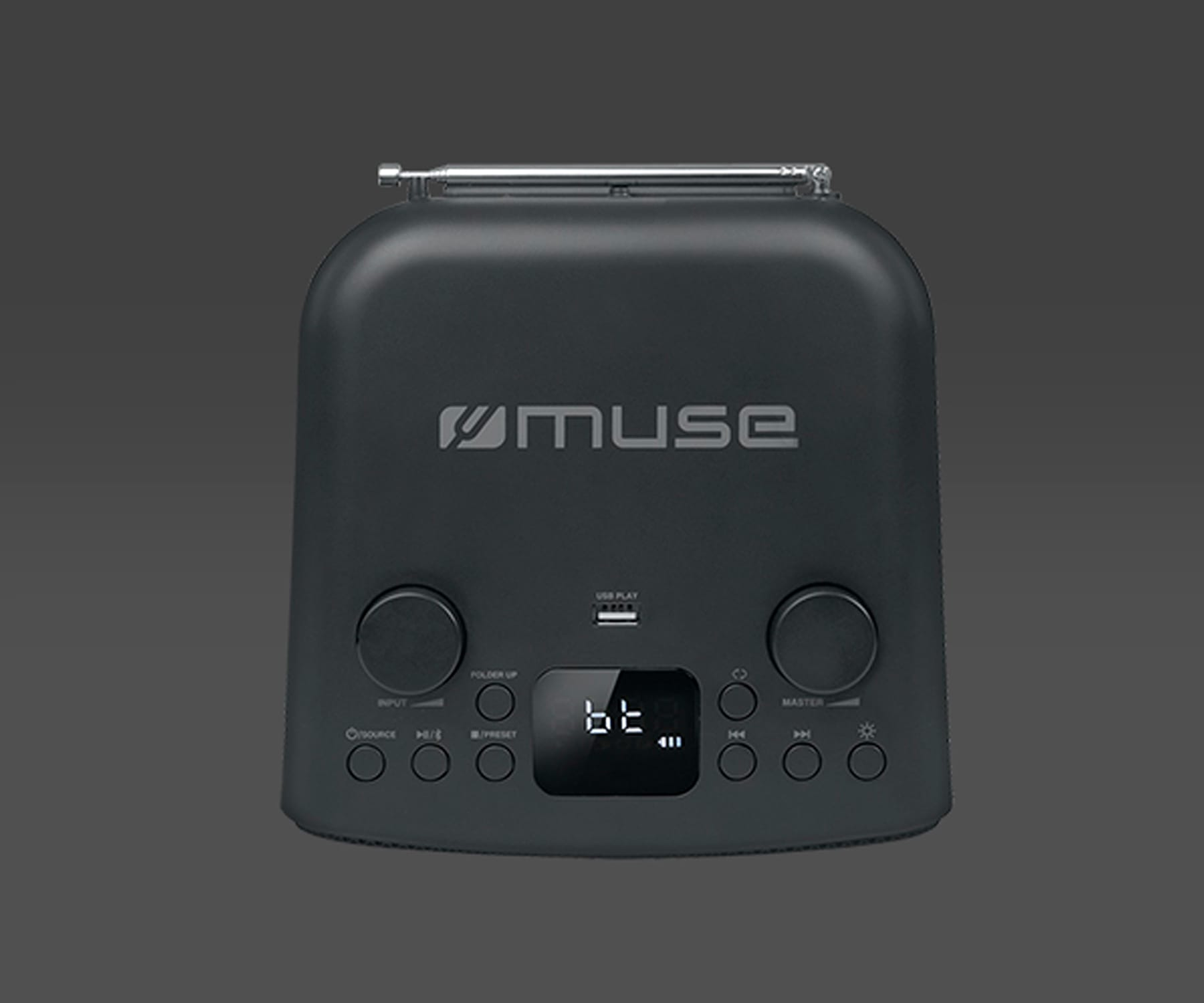 Una radio nera con display e pulsanti. La parola "muse" è sulla parte anteriore.