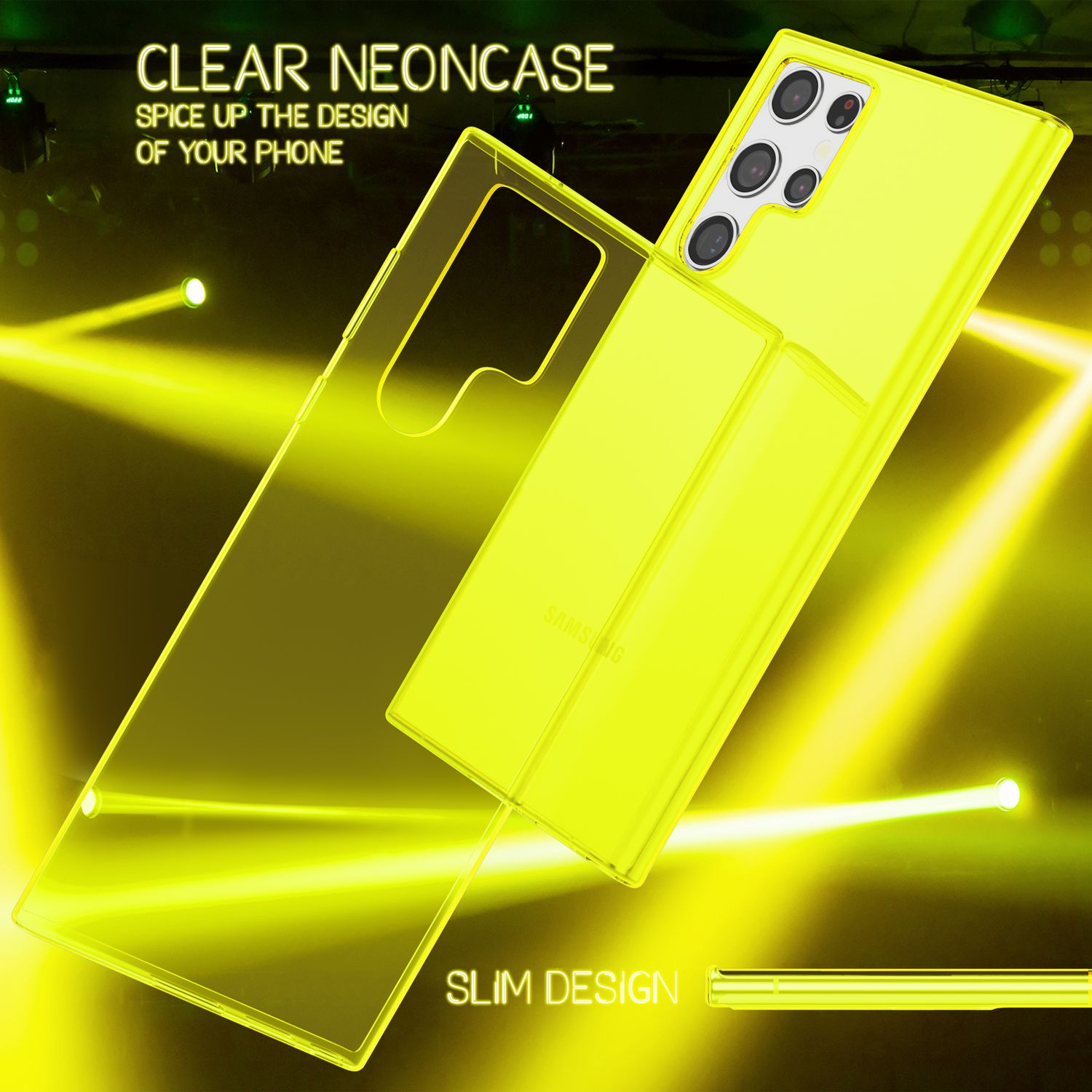 Una custodia per telefono giallo neon e un telefono sono mostrati.