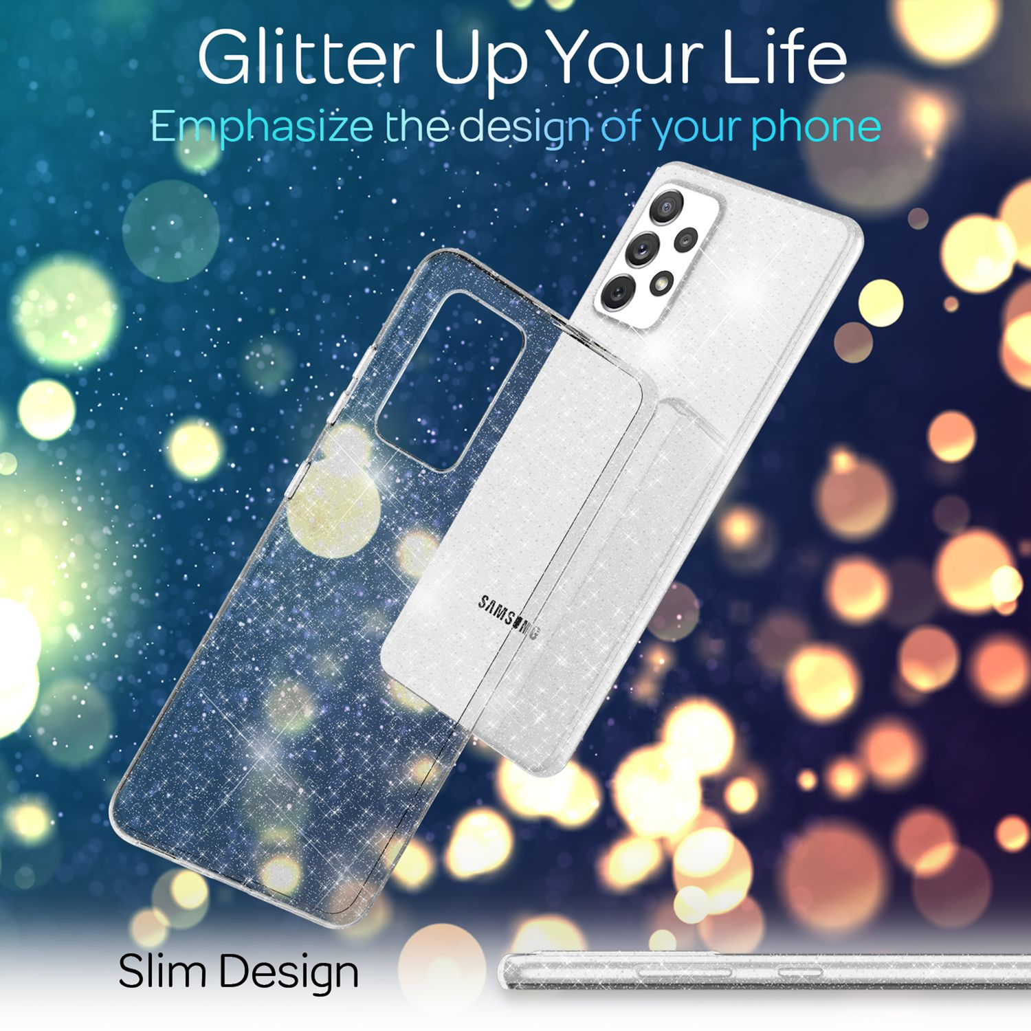 Glitzer-Handyhülle mit Telefon. Die Hülle ist durchsichtig, mit Glitzer. Der Hintergrund ist unscharf.