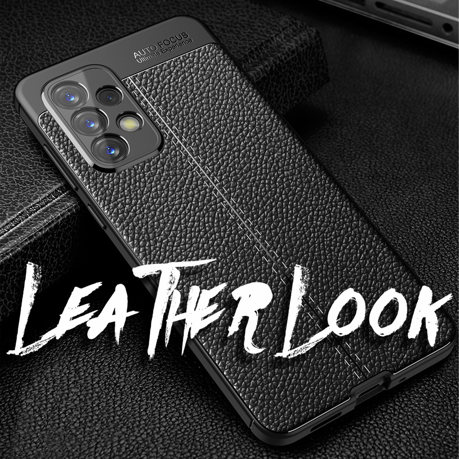 Schwarze Leder-Handyhülle mit Nähten. Text 'LEDER LOOK' auf der Hülle. Schwarzer Hintergrund.