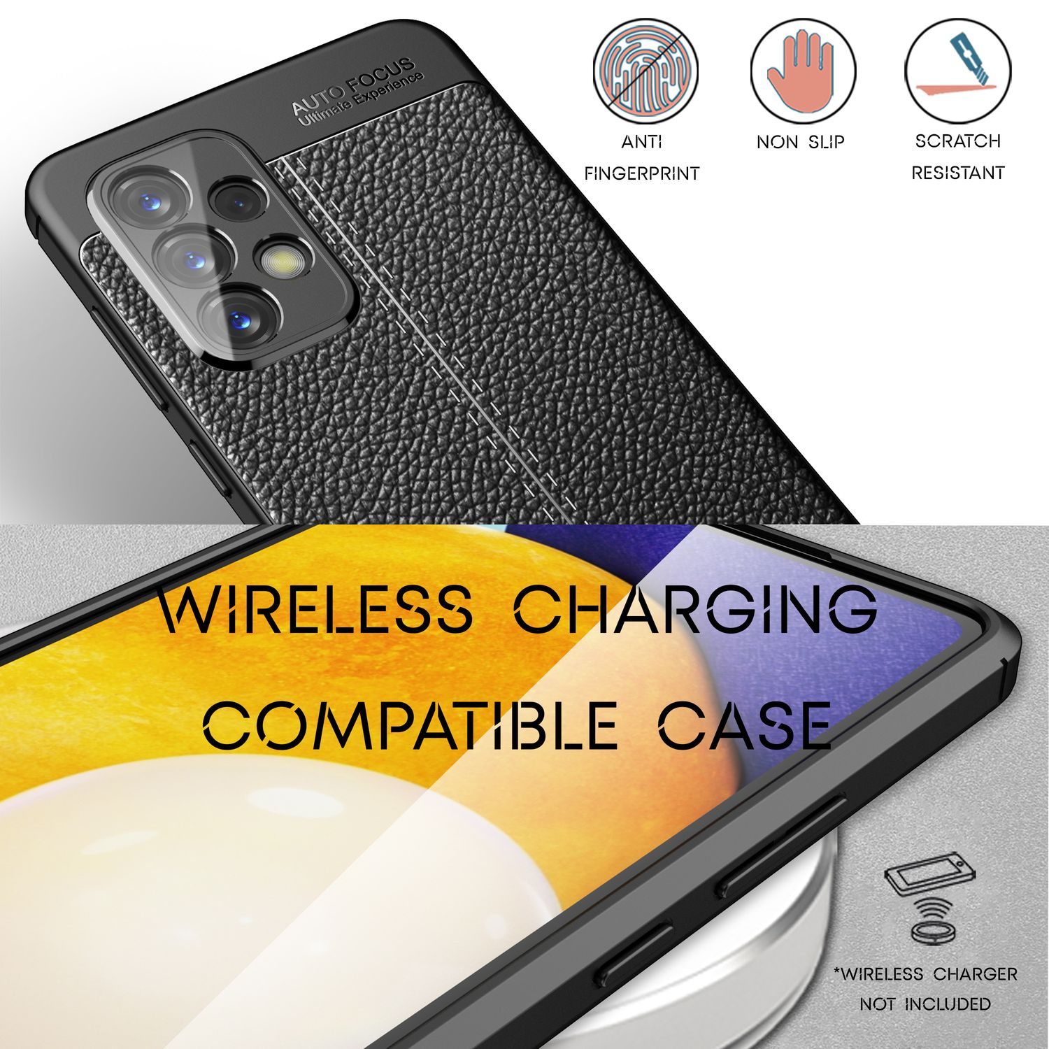 Eine schwarze Handyhülle mit strukturierter Rückseite, zeigt Wireless Charging.