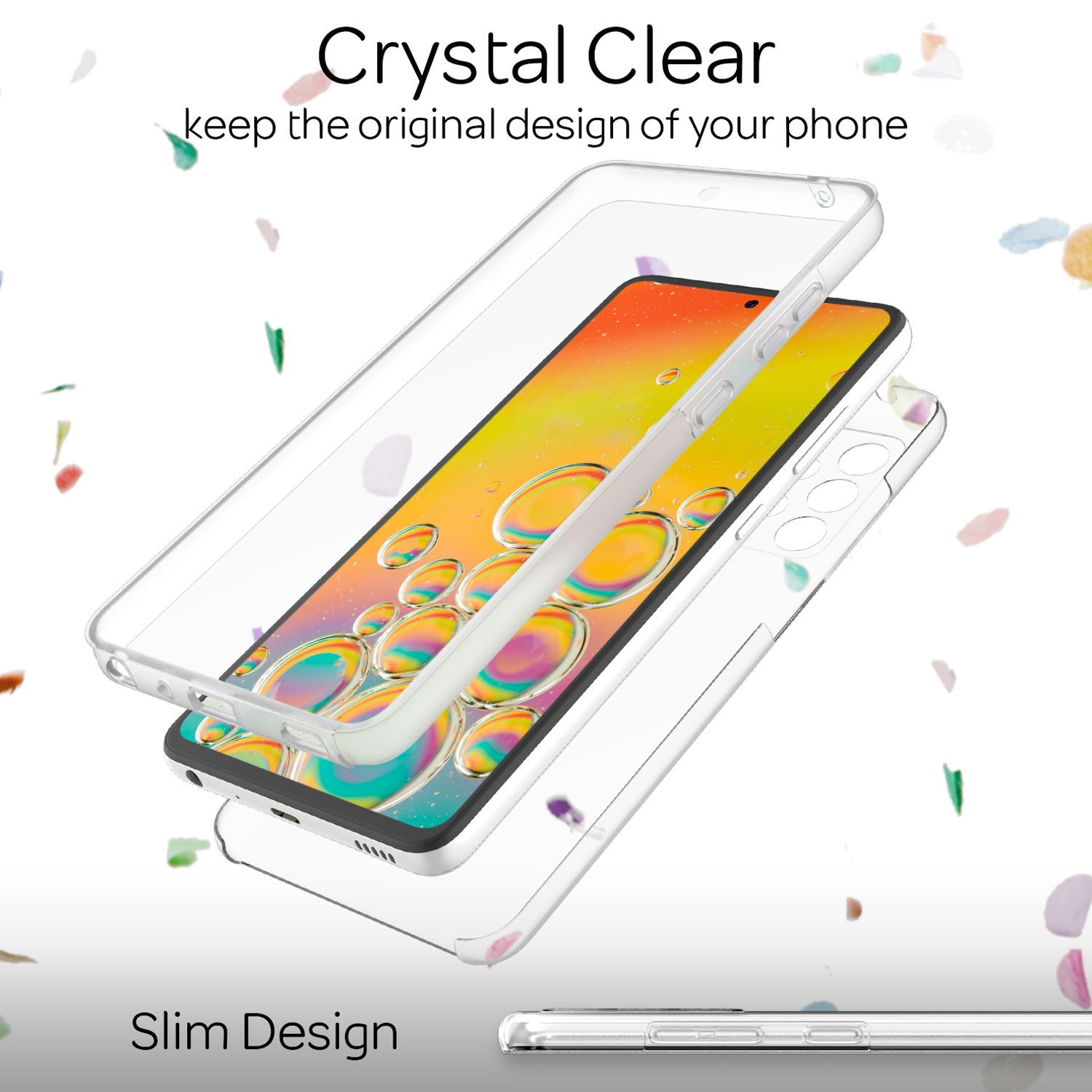 Transparente Handyhülle über einem Handy. Text lautet 'Crystal Clear' und 'Slim Design'.