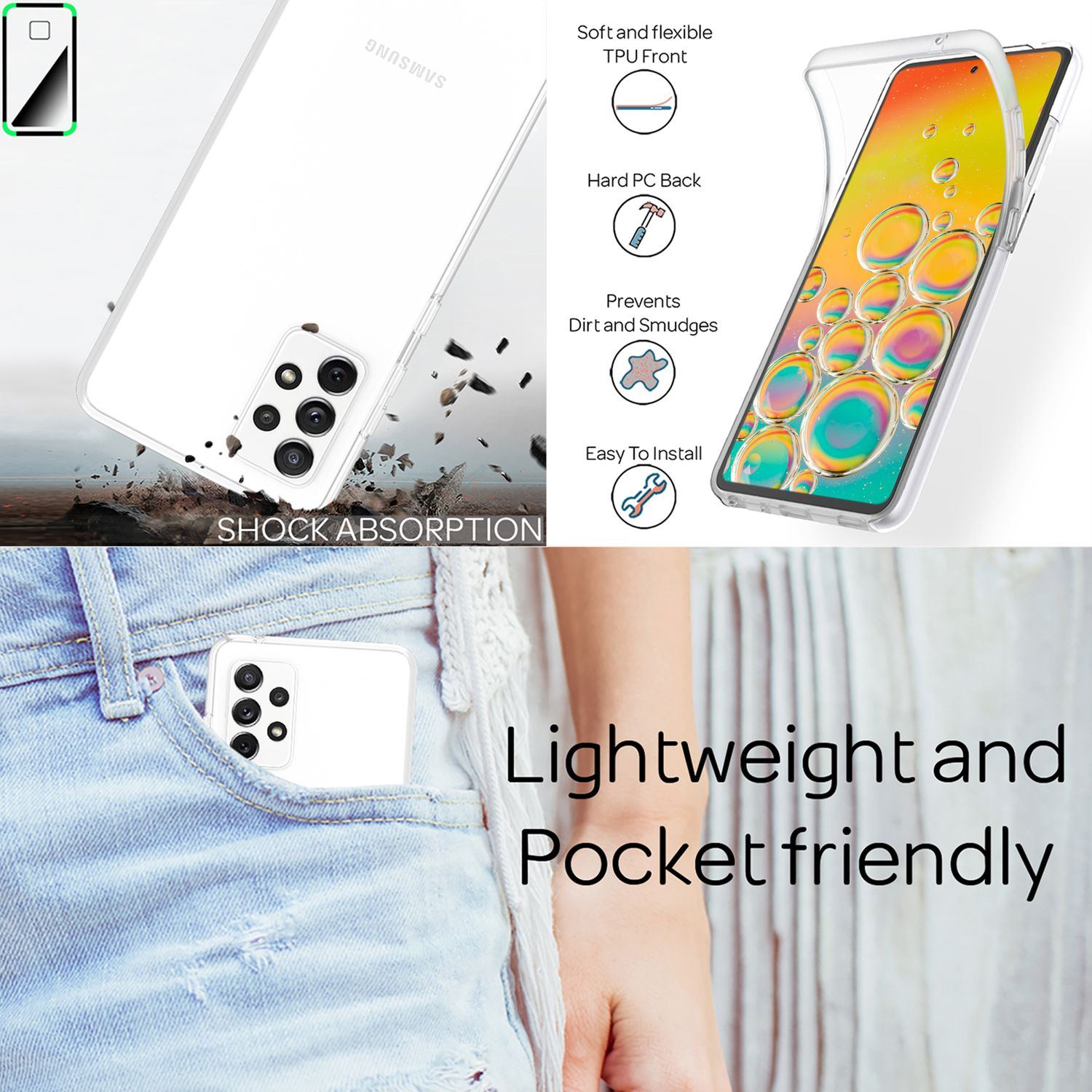 Weißes Telefon mit klarer Hülle und Funktionen. Text lautet: Stoßdämpfung, leicht und taschenfreundlich.