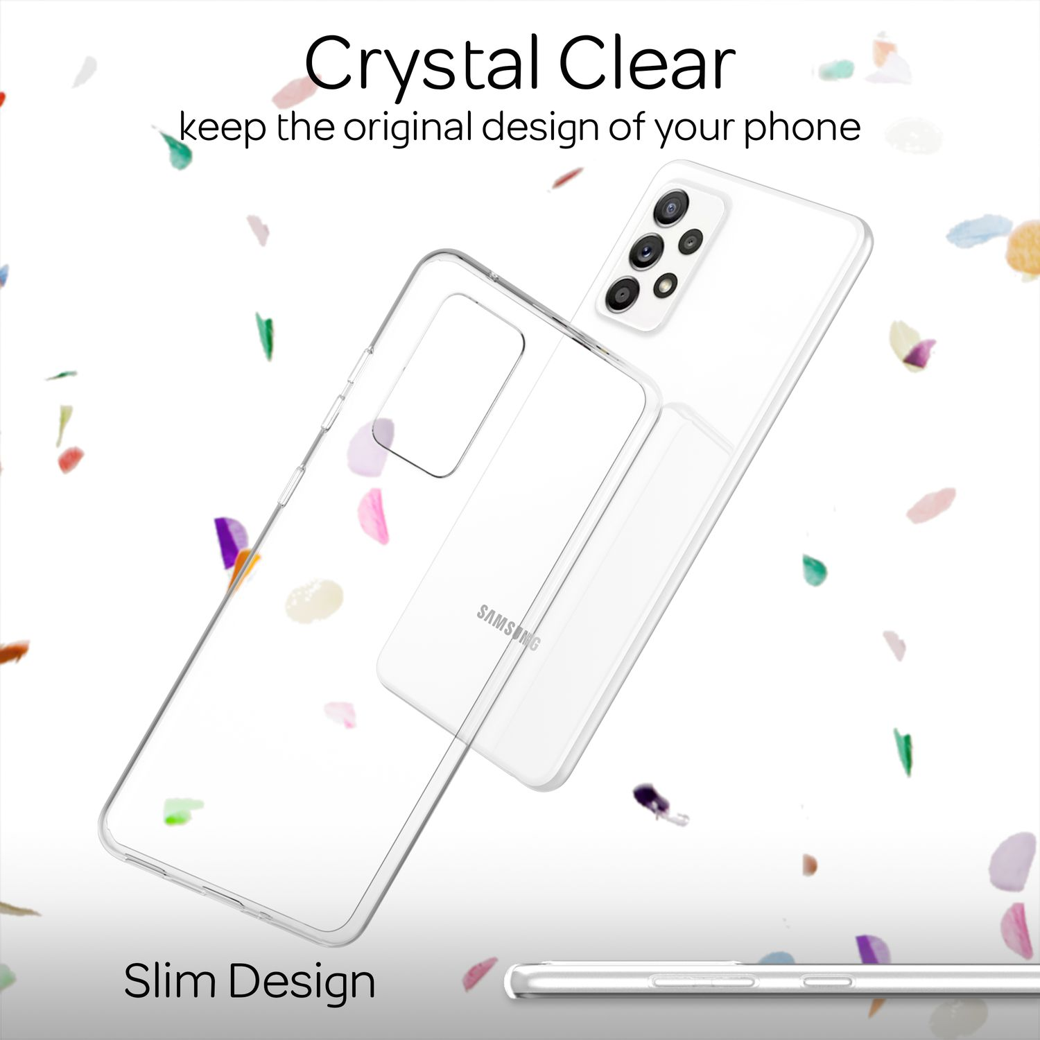 Custodia trasparente per telefono con coriandoli colorati che fluttuano.