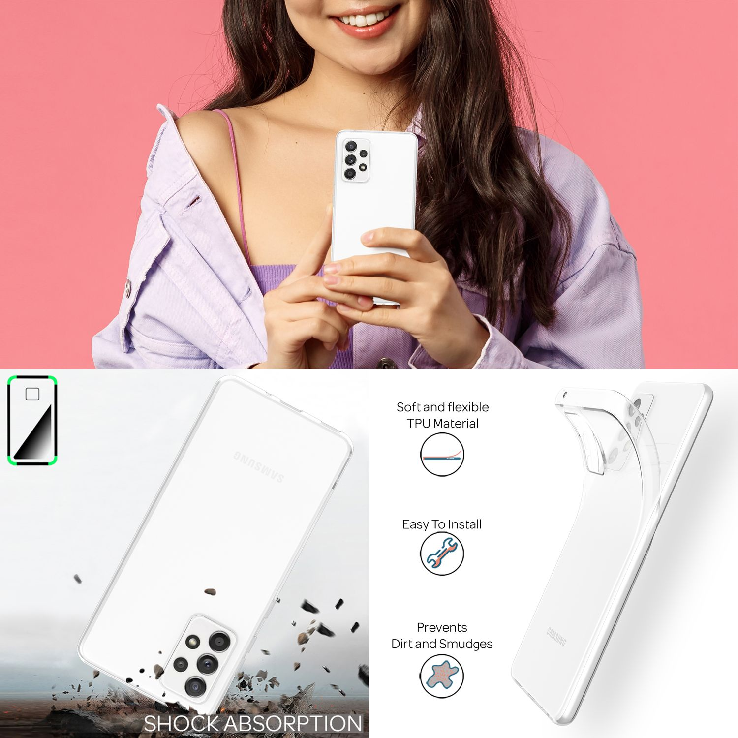 Donna che tiene in mano un telefono bianco, custodia visibile. Testo: assorbimento degli urti, facile installazione, previene lo sporco.