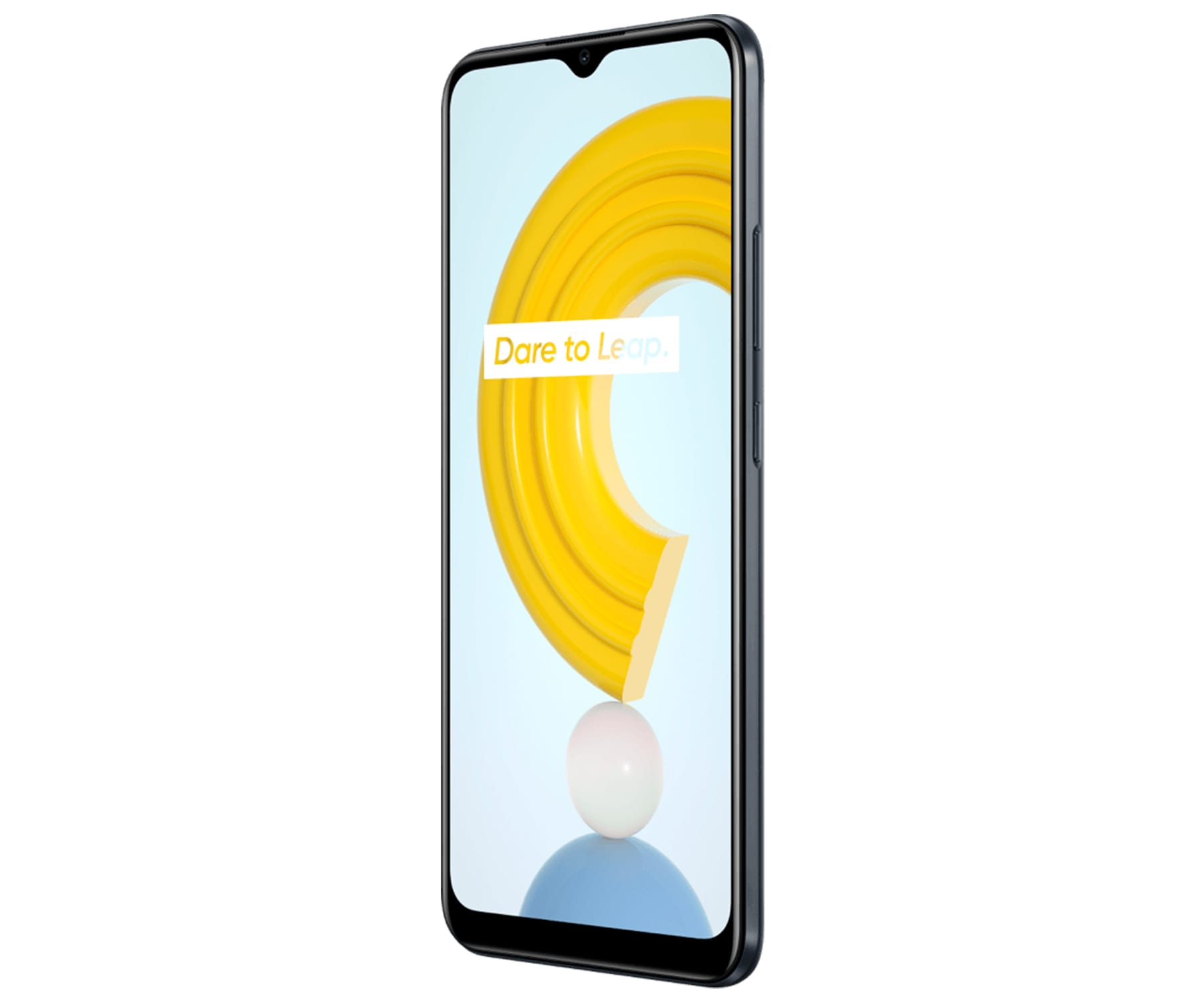 Ein Smartphone mit gelb-weißem Design auf dem Bildschirm, in einem dunklen Gehäuse.